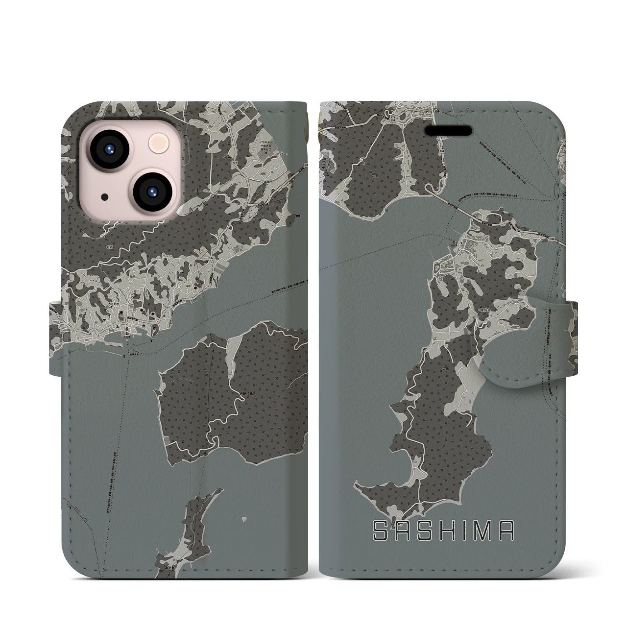 【佐島(愛媛県)】地図柄iPhoneケース(手帳タイプ)モノトーン・iPhone 13 mini 用