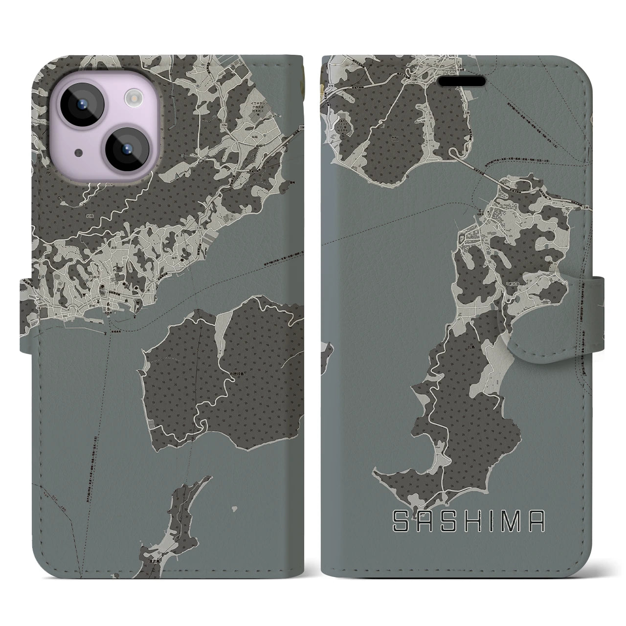 【佐島(愛媛県)】地図柄iPhoneケース(手帳タイプ)モノトーン・iPhone 14 用