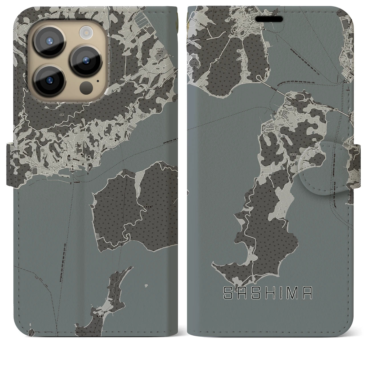 【佐島(愛媛県)】地図柄iPhoneケース(手帳タイプ)モノトーン・iPhone 14 Pro Max 用