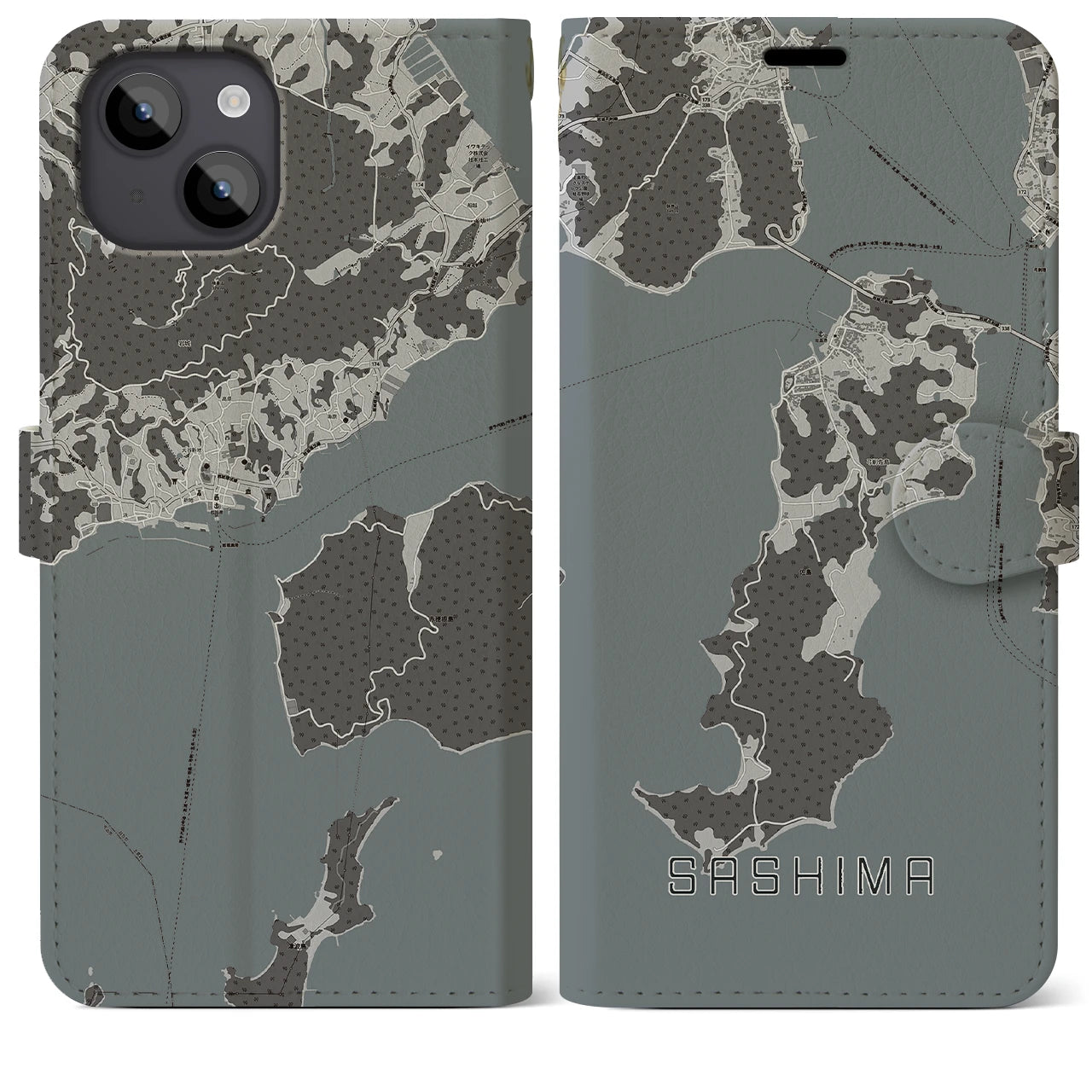 【佐島(愛媛県)】地図柄iPhoneケース(手帳タイプ)モノトーン・iPhone 14 Plus 用