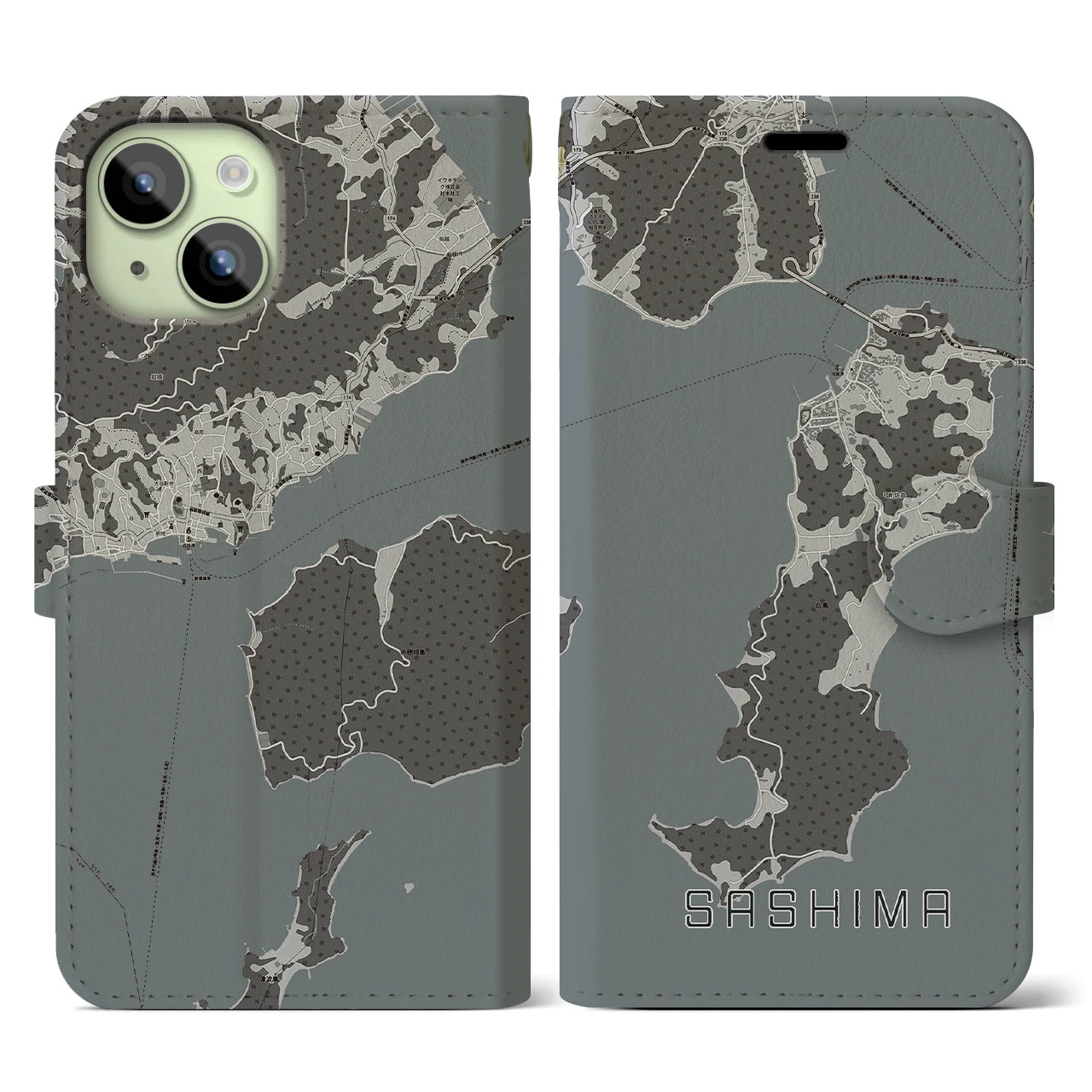 【佐島(愛媛県)】地図柄iPhoneケース(手帳タイプ)モノトーン・iPhone 15 用