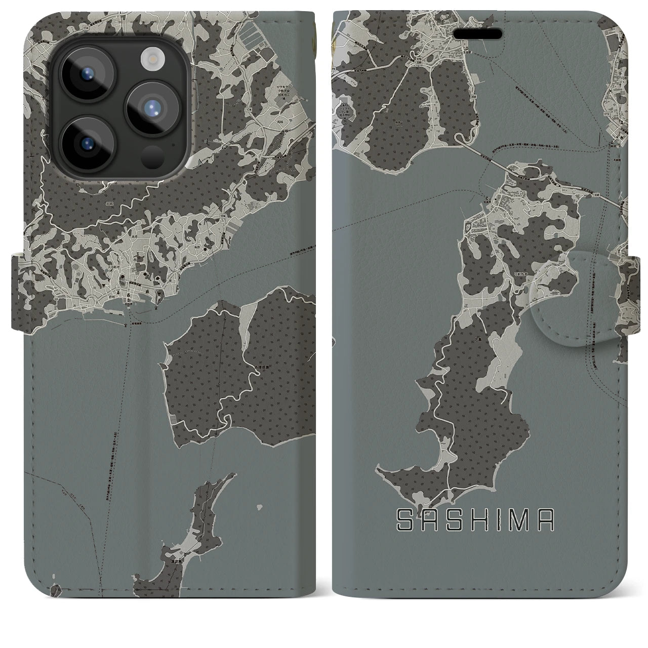 【佐島(愛媛県)】地図柄iPhoneケース(手帳タイプ)モノトーン・iPhone 15 Pro Max 用