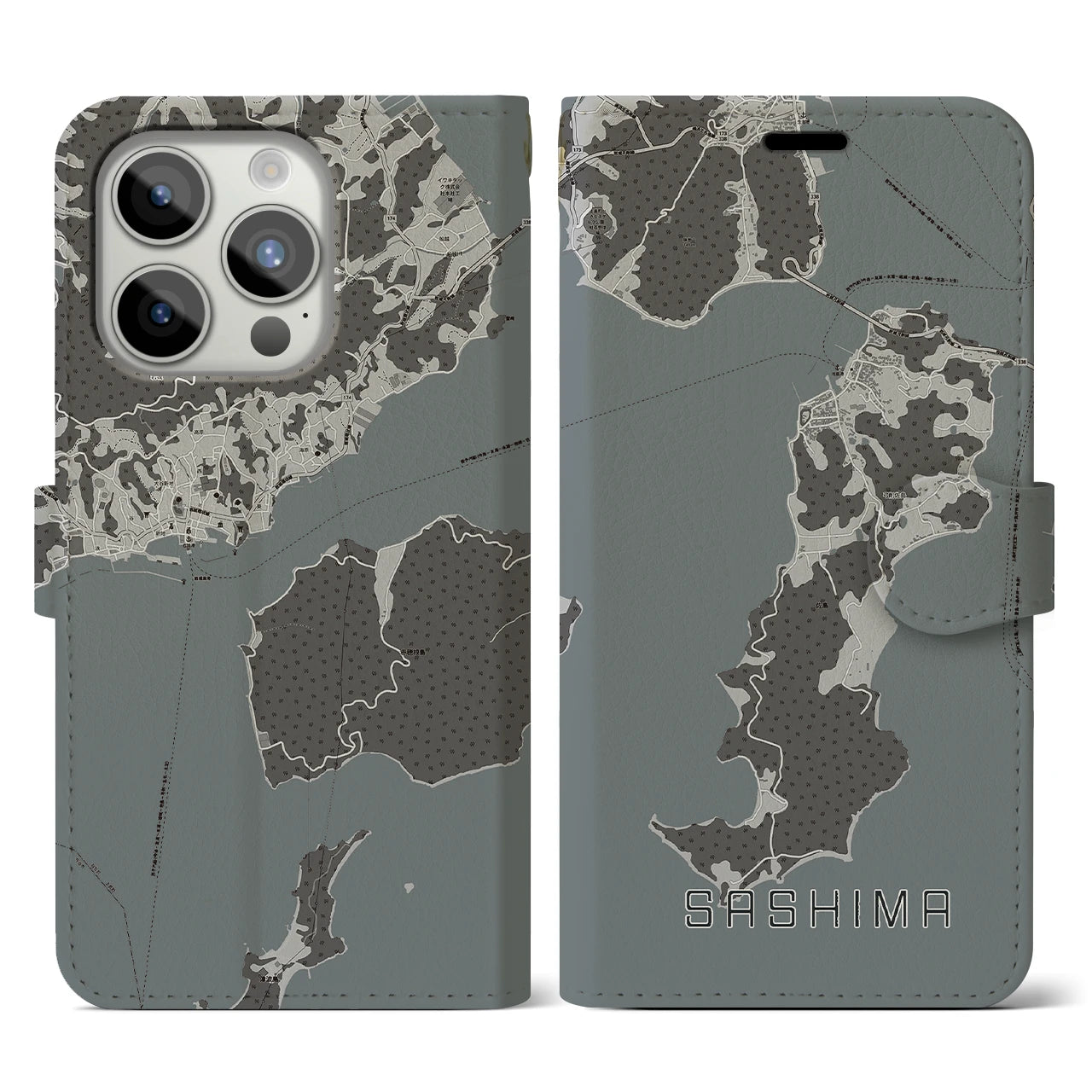 【佐島(愛媛県)】地図柄iPhoneケース(手帳タイプ)モノトーン・iPhone 15 Pro 用