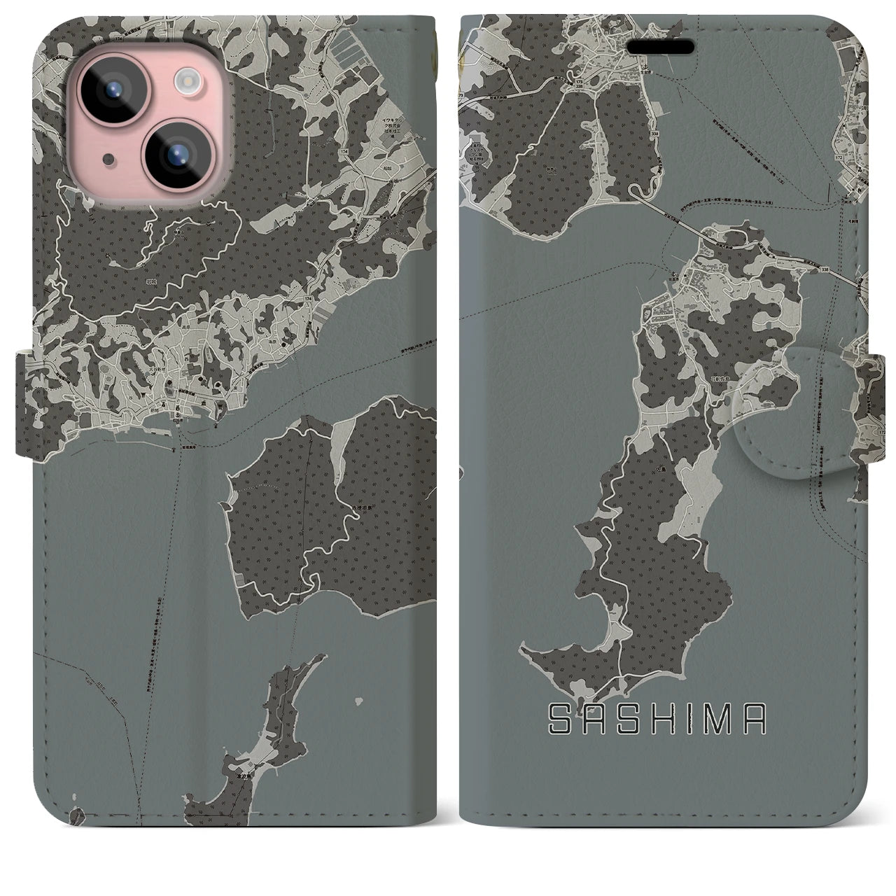 【佐島(愛媛県)】地図柄iPhoneケース(手帳タイプ)モノトーン・iPhone 15 Plus 用