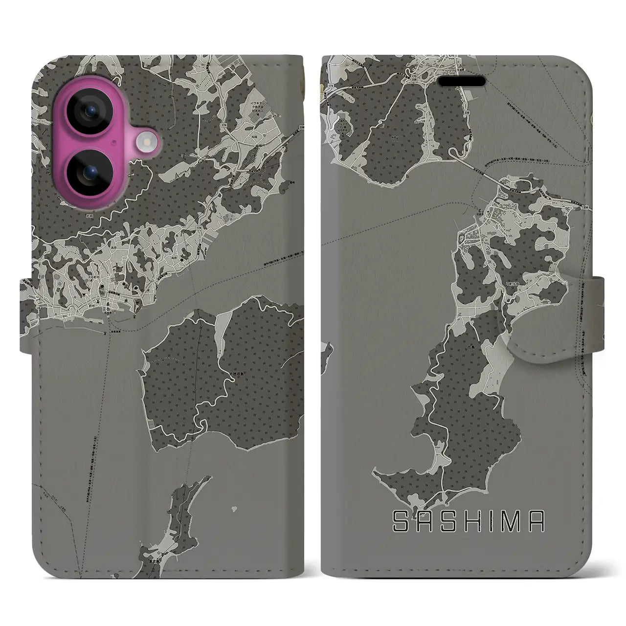 【佐島(愛媛県)】地図柄iPhoneケース(手帳タイプ)モノトーン・iPhone 16 Pro 用
