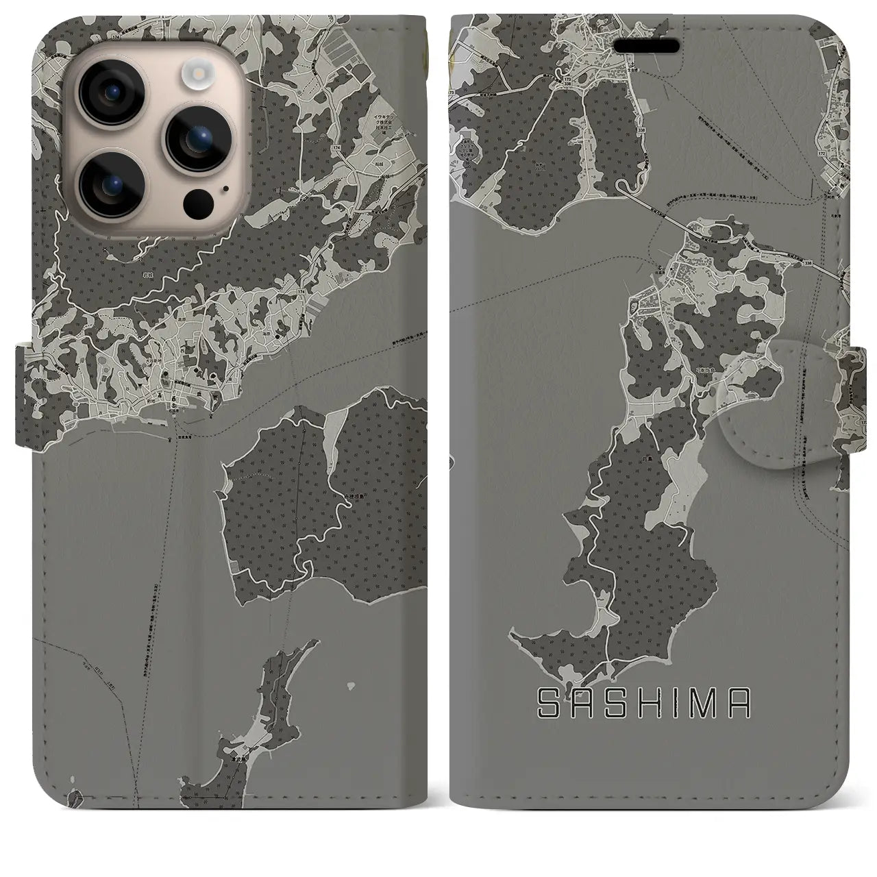 【佐島(愛媛県)】地図柄iPhoneケース(手帳タイプ)モノトーン・iPhone 16 Plus 用