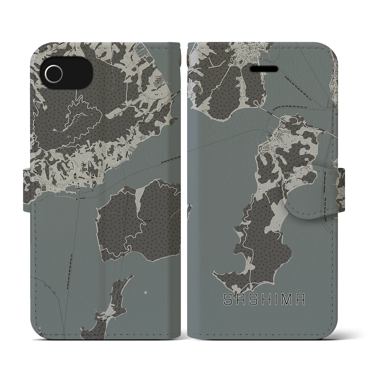 【佐島(愛媛県)】地図柄iPhoneケース(手帳タイプ)モノトーン・iPhone SE(第3 / 第2世代) / 8 / 7 / 6s / 6 用