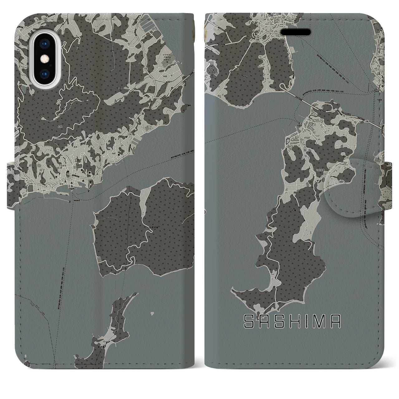 【佐島(愛媛県)】地図柄iPhoneケース(手帳タイプ)モノトーン・iPhone XS Max 用