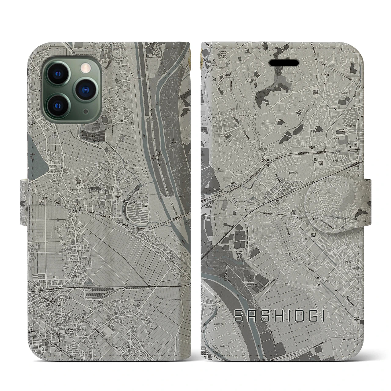 【指扇(埼玉県)】地図柄iPhoneケース(手帳タイプ)モノトーン・iPhone 11 Pro 用