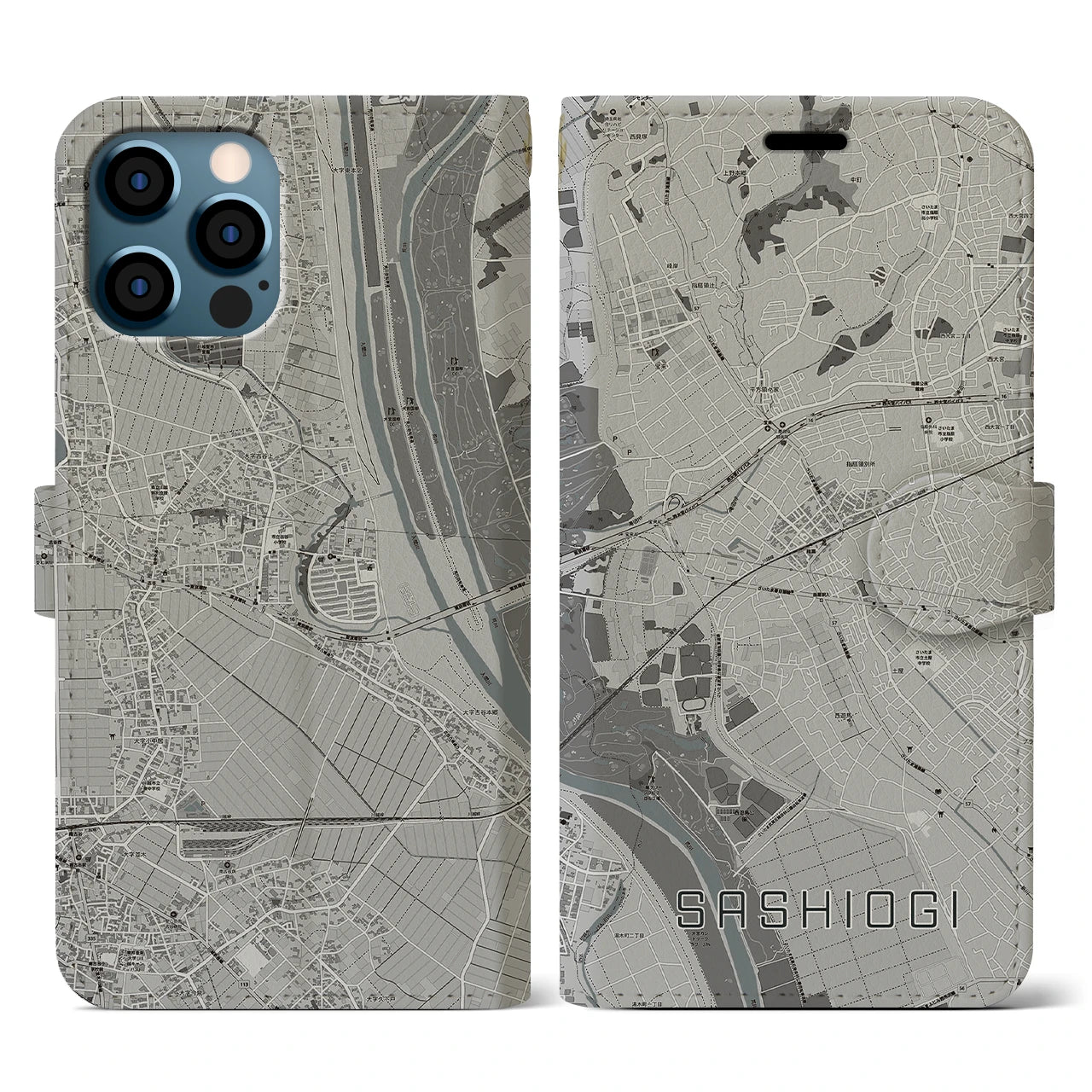 【指扇(埼玉県)】地図柄iPhoneケース(手帳タイプ)モノトーン・iPhone 12 / 12 Pro 用