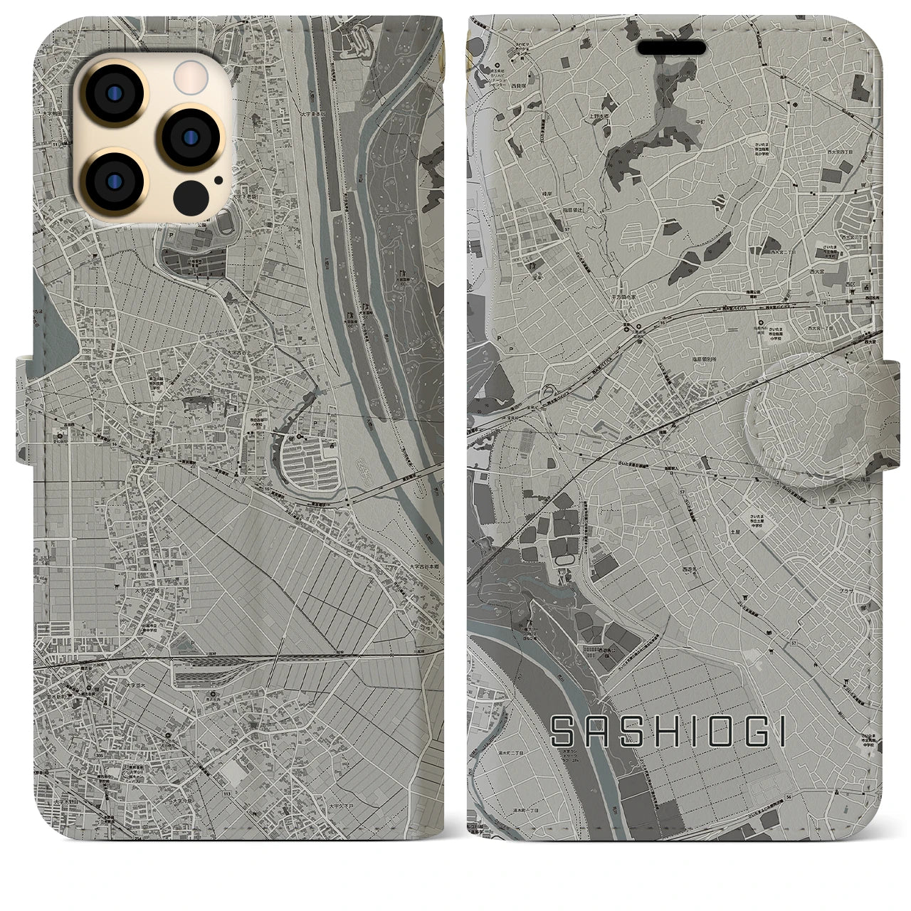 【指扇(埼玉県)】地図柄iPhoneケース(手帳タイプ)モノトーン・iPhone 12 Pro Max 用
