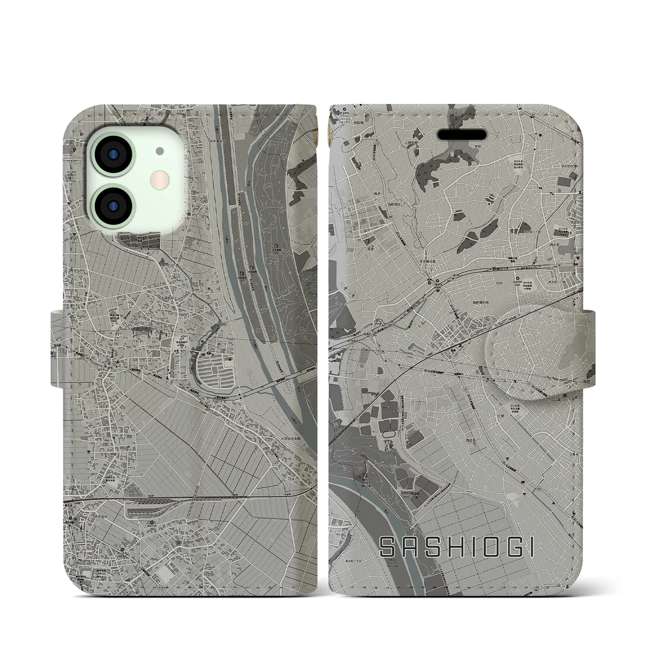 【指扇(埼玉県)】地図柄iPhoneケース(手帳タイプ)モノトーン・iPhone 12 mini 用
