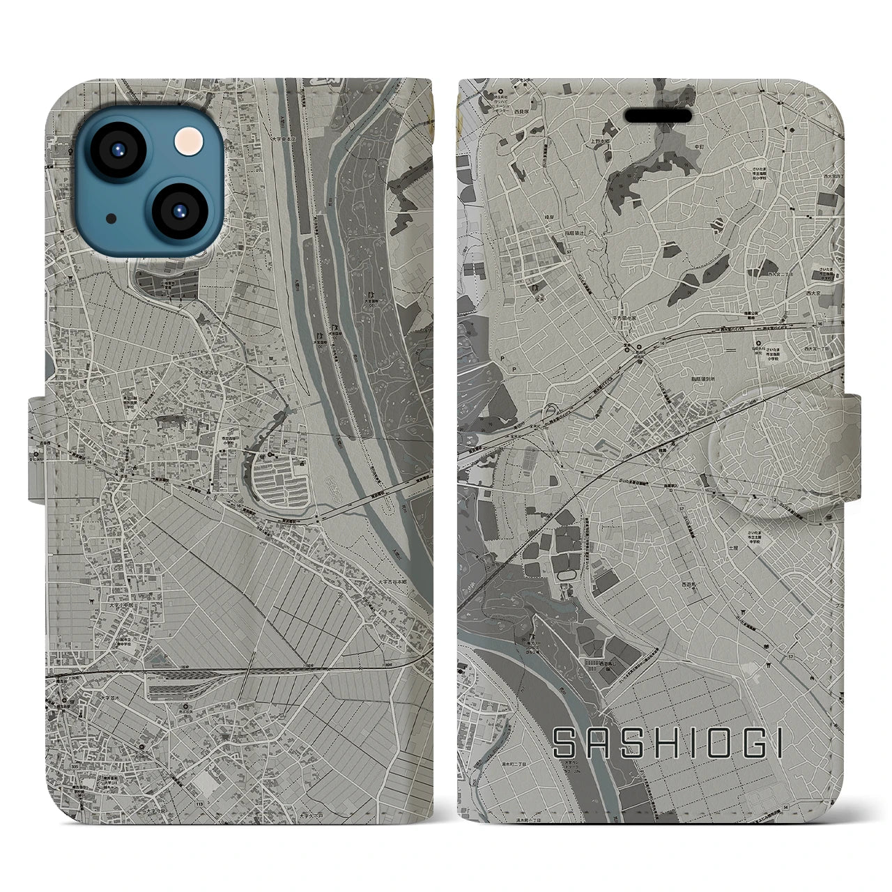 【指扇(埼玉県)】地図柄iPhoneケース(手帳タイプ)モノトーン・iPhone 13 用