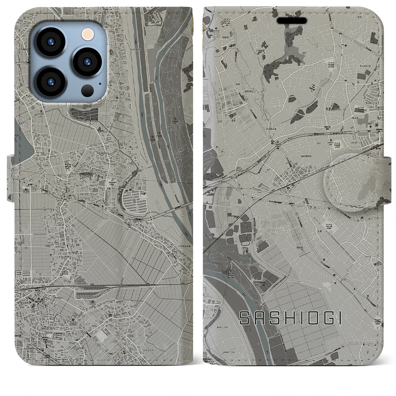 【指扇(埼玉県)】地図柄iPhoneケース(手帳タイプ)モノトーン・iPhone 13 Pro Max 用