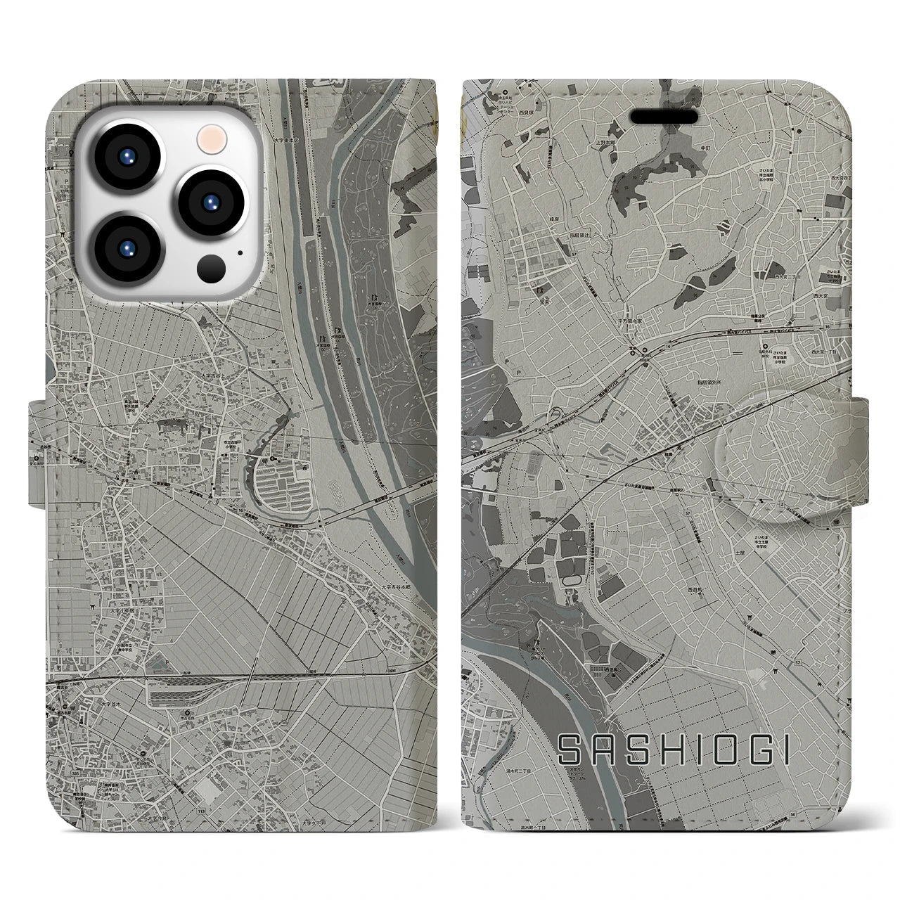 【指扇(埼玉県)】地図柄iPhoneケース(手帳タイプ)モノトーン・iPhone 13 Pro 用