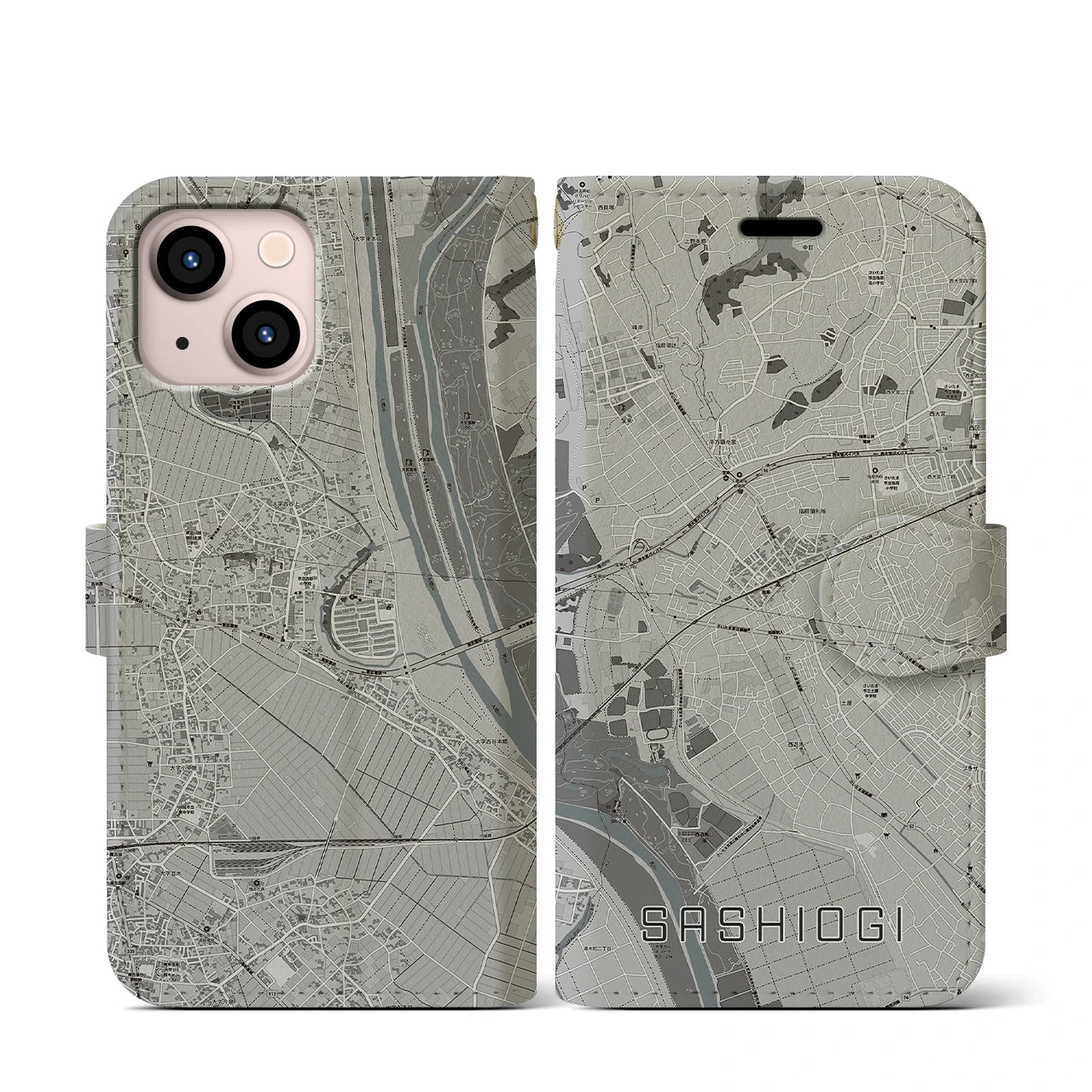 【指扇(埼玉県)】地図柄iPhoneケース(手帳タイプ)モノトーン・iPhone 13 mini 用