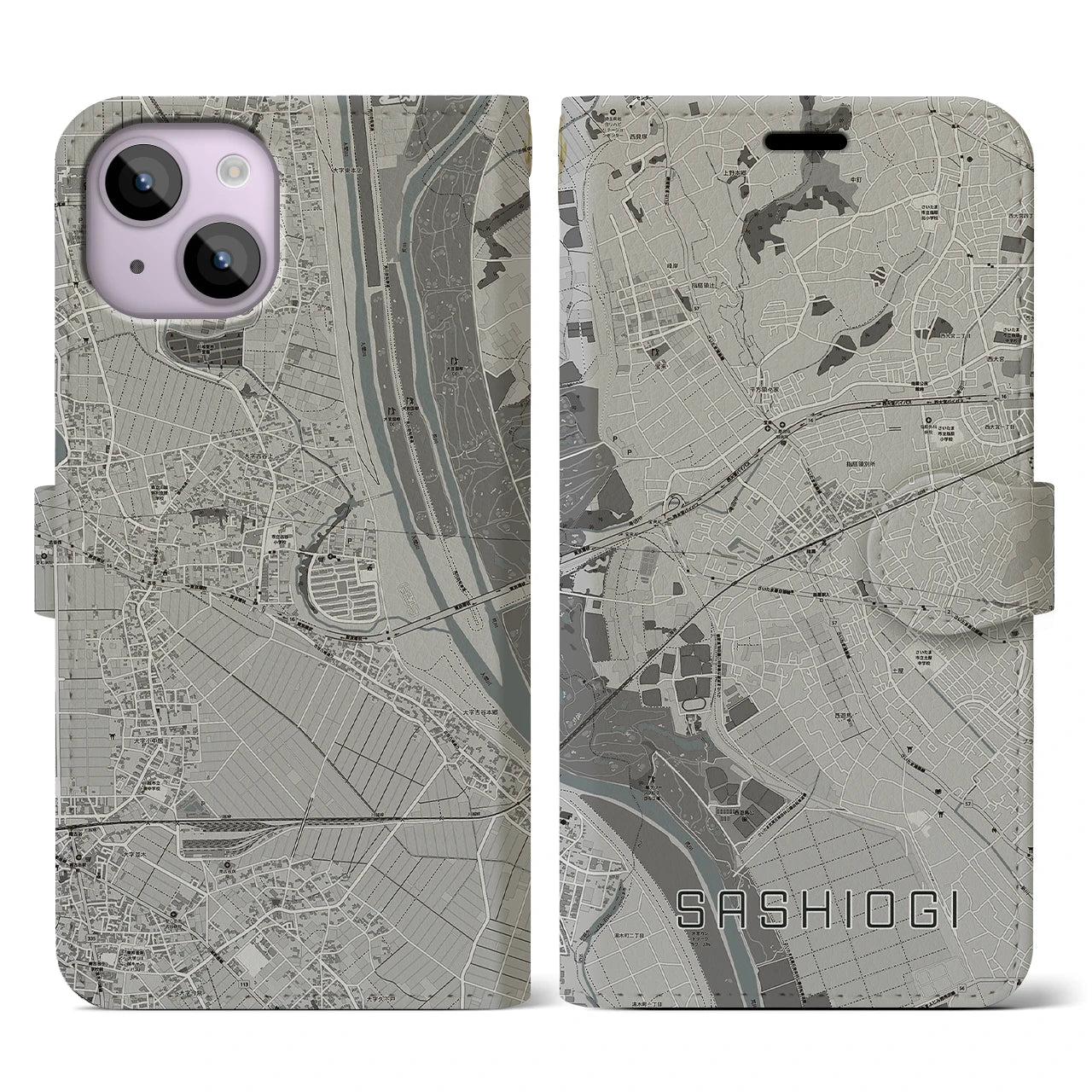 【指扇(埼玉県)】地図柄iPhoneケース(手帳タイプ)モノトーン・iPhone 14 用