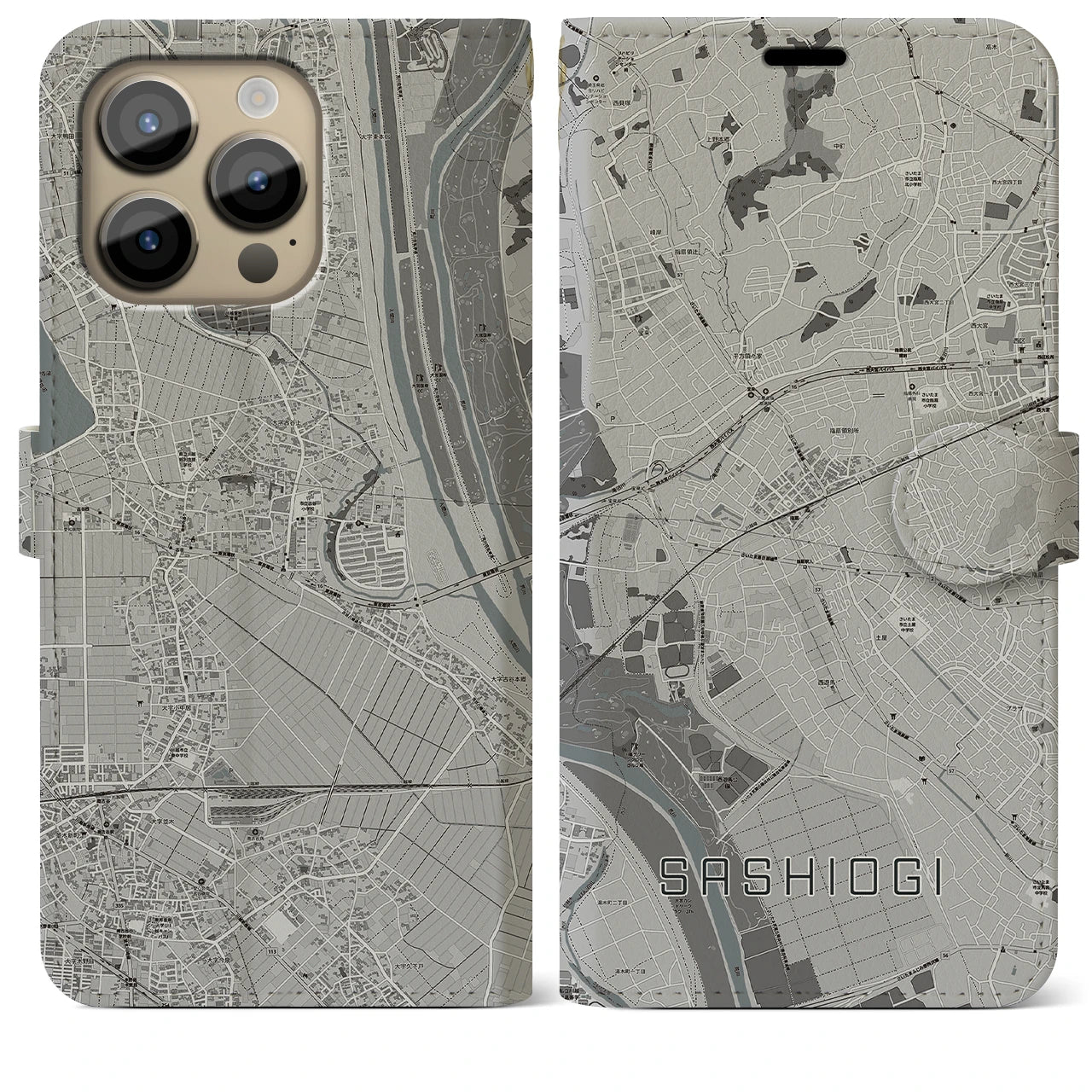 【指扇(埼玉県)】地図柄iPhoneケース(手帳タイプ)モノトーン・iPhone 14 Pro Max 用