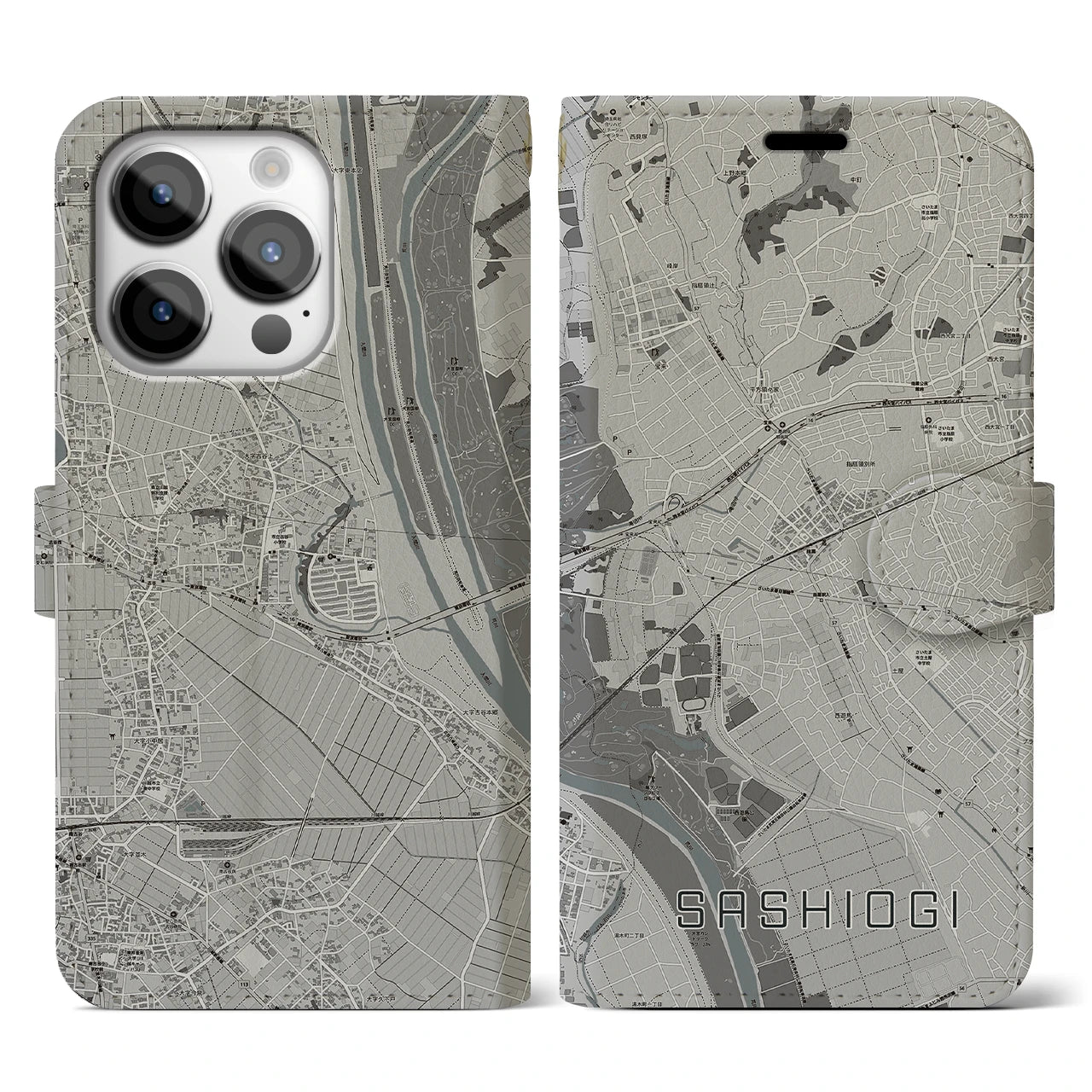 【指扇(埼玉県)】地図柄iPhoneケース(手帳タイプ)モノトーン・iPhone 14 Pro 用