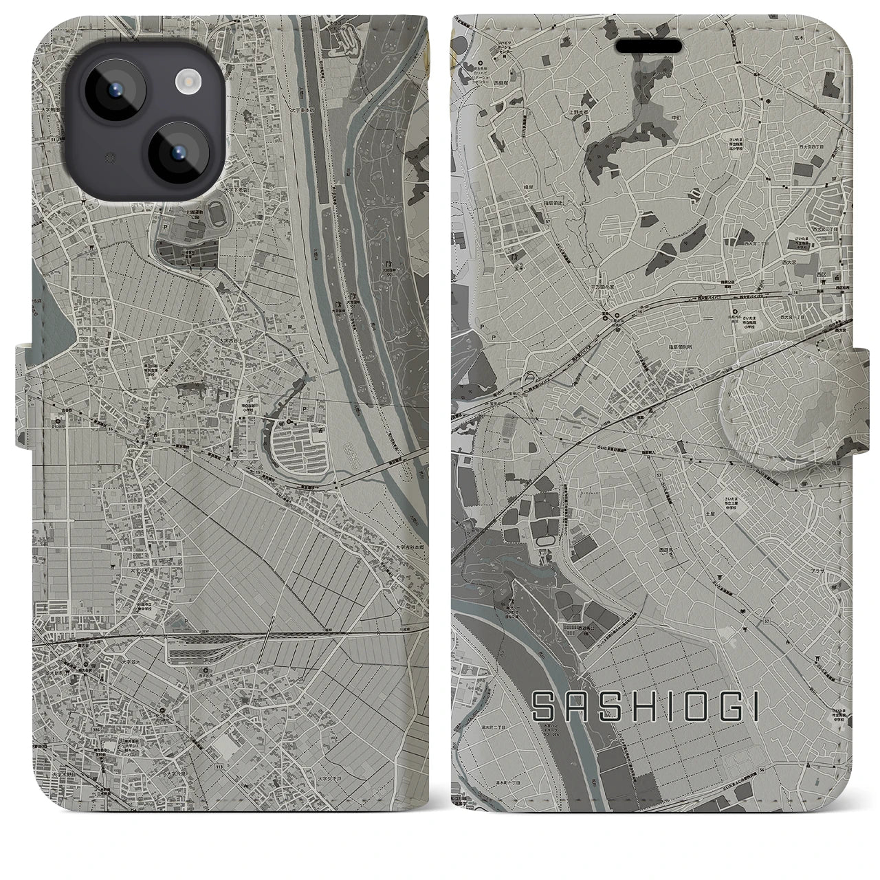 【指扇(埼玉県)】地図柄iPhoneケース(手帳タイプ)モノトーン・iPhone 14 Plus 用