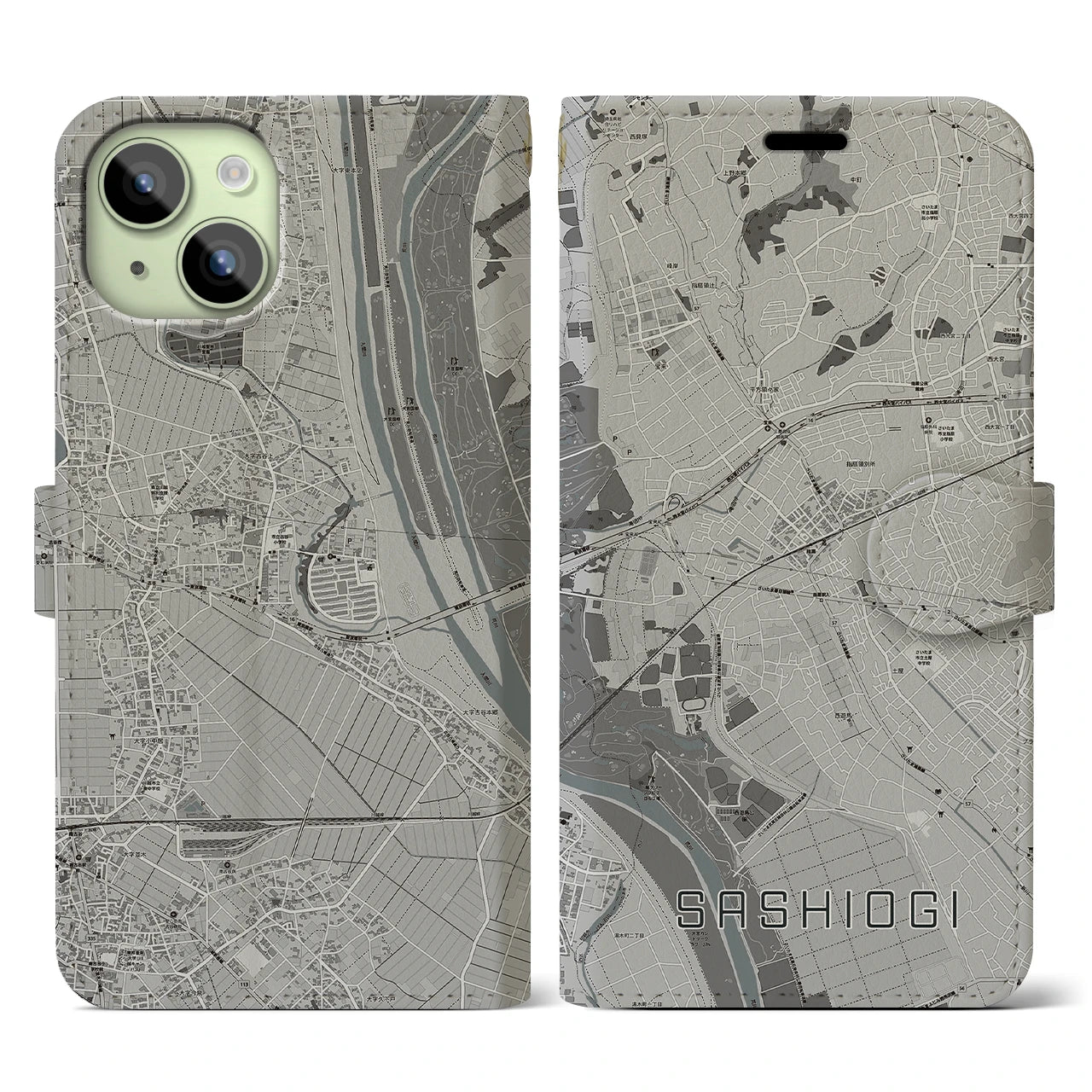 【指扇(埼玉県)】地図柄iPhoneケース(手帳タイプ)モノトーン・iPhone 15 用