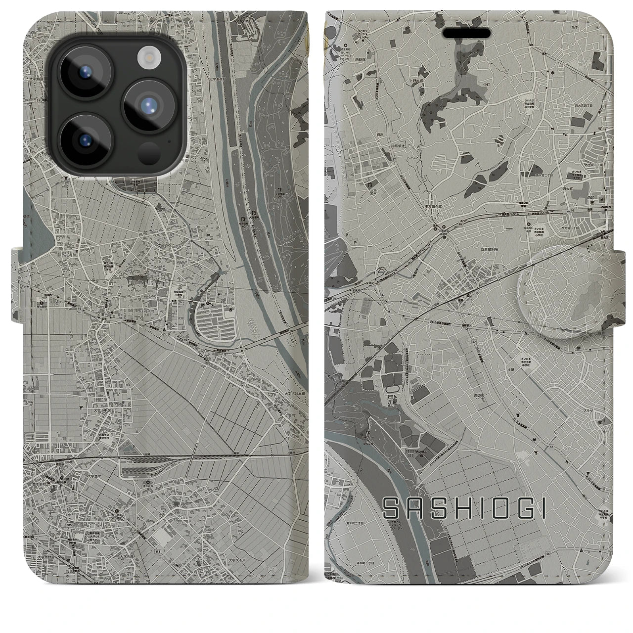【指扇(埼玉県)】地図柄iPhoneケース(手帳タイプ)モノトーン・iPhone 15 Pro Max 用