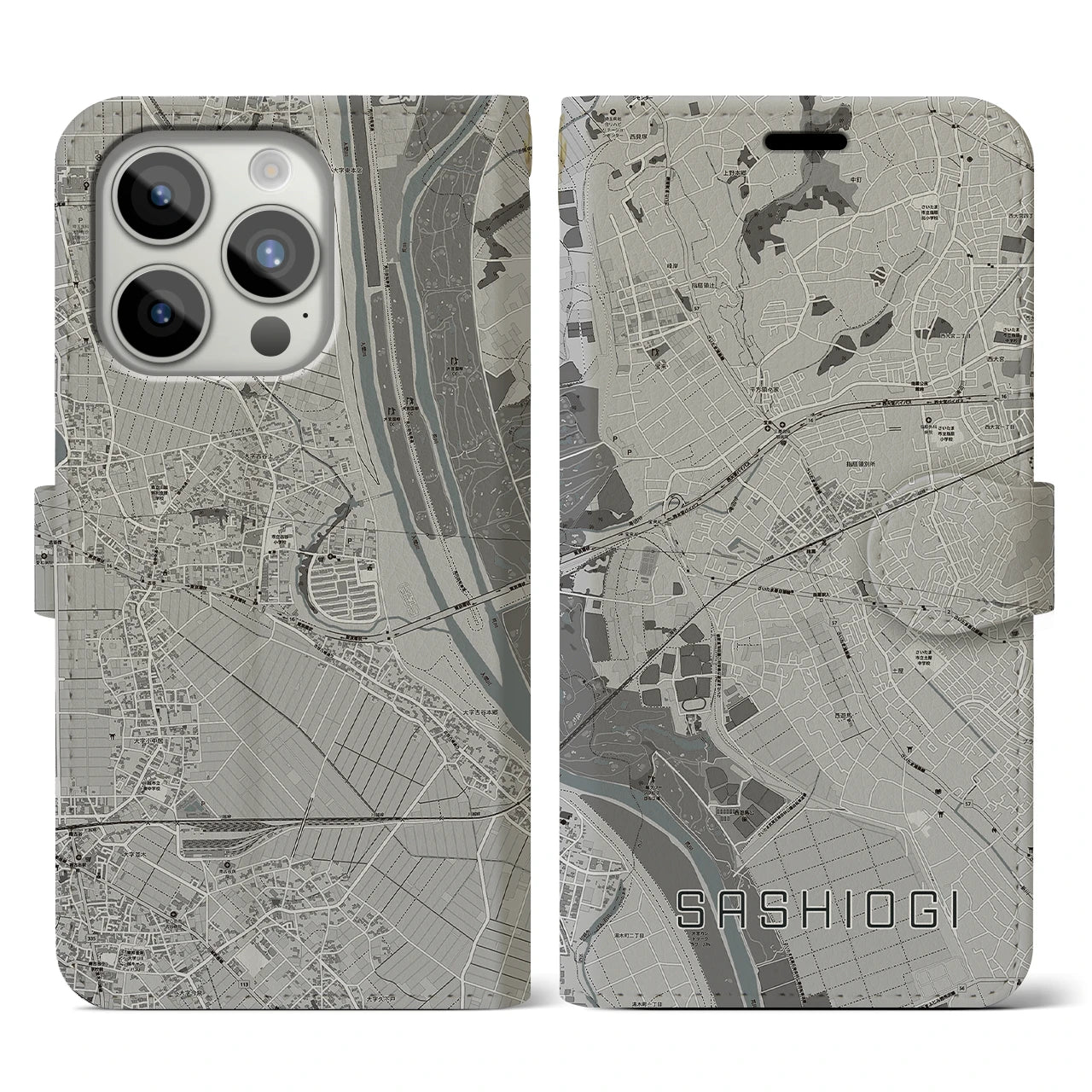【指扇(埼玉県)】地図柄iPhoneケース(手帳タイプ)モノトーン・iPhone 15 Pro 用