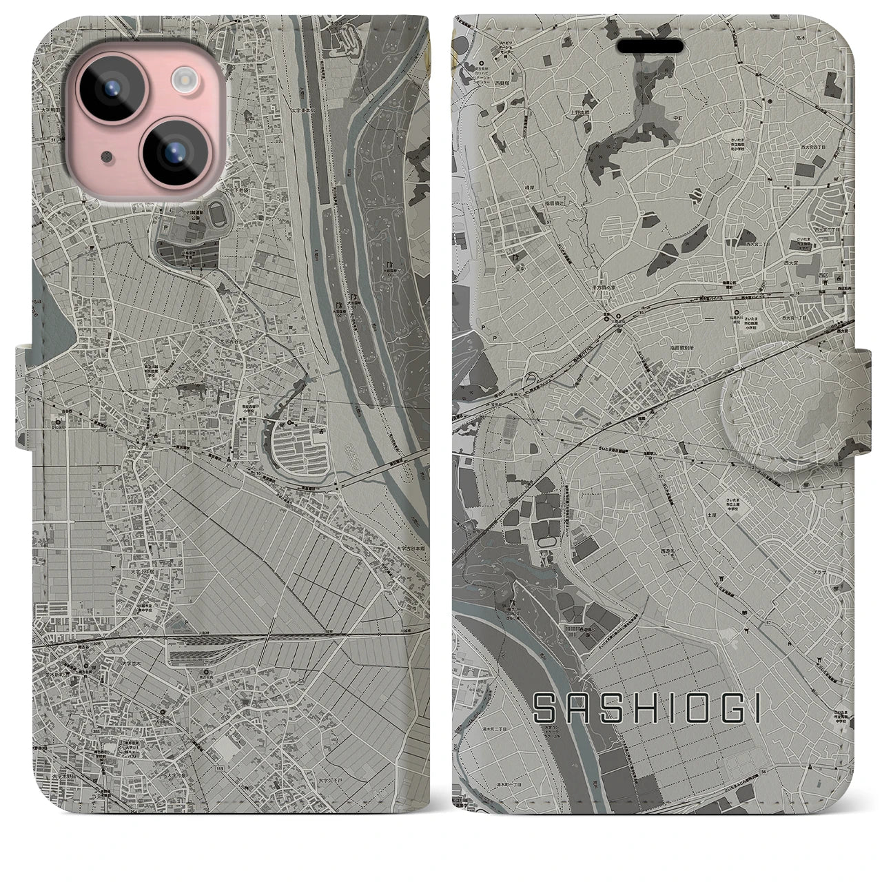 【指扇(埼玉県)】地図柄iPhoneケース(手帳タイプ)モノトーン・iPhone 15 Plus 用