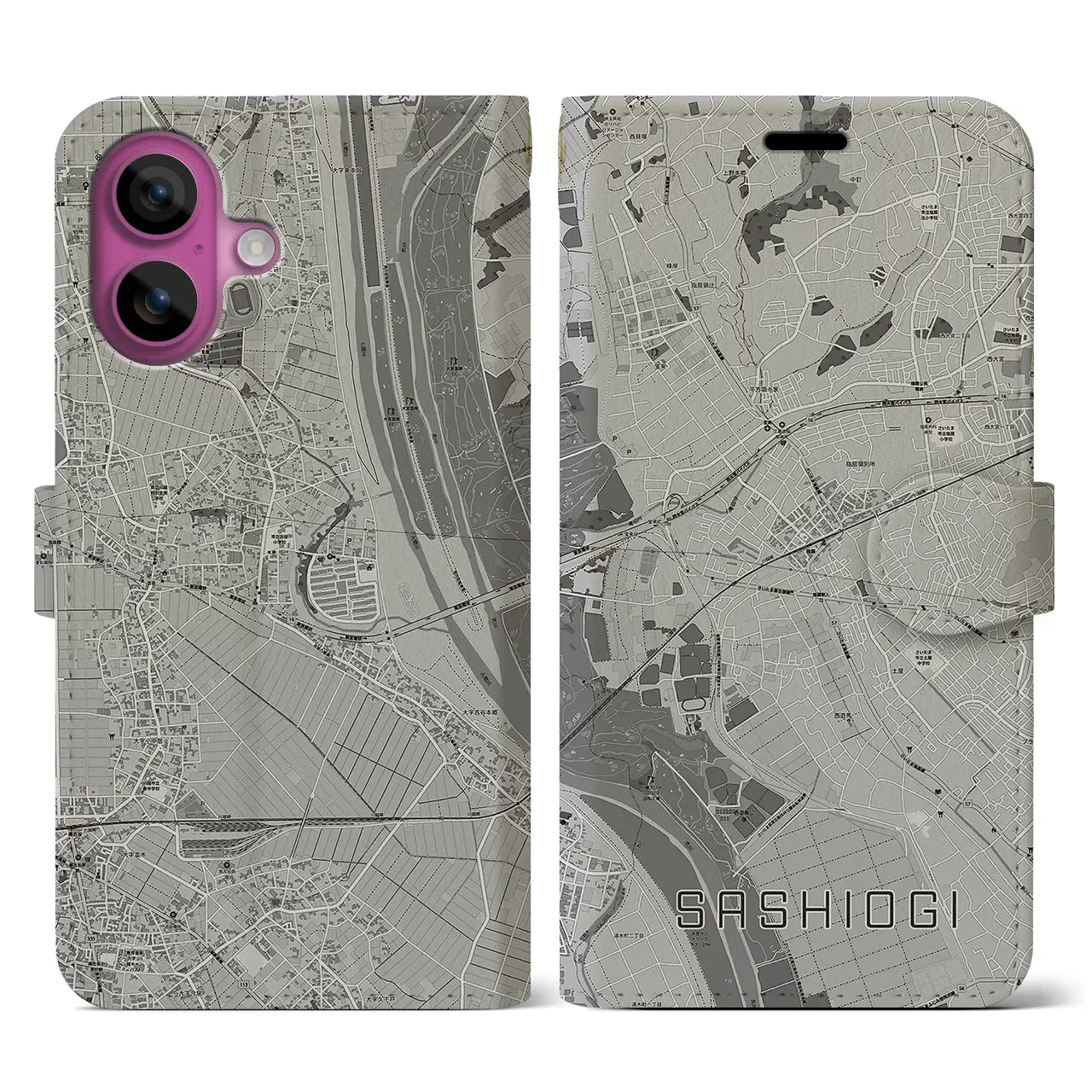 【指扇(埼玉県)】地図柄iPhoneケース(手帳タイプ)モノトーン・iPhone 16 Pro 用