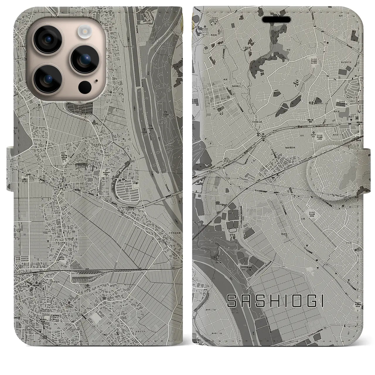【指扇(埼玉県)】地図柄iPhoneケース(手帳タイプ)モノトーン・iPhone 16 Plus 用