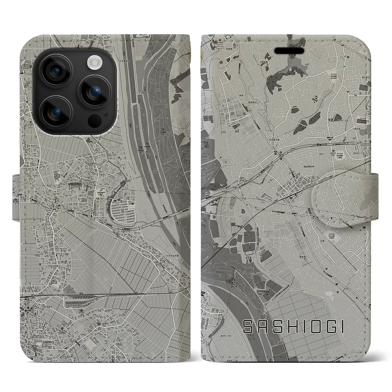 【指扇(埼玉県)】地図柄iPhoneケース(手帳タイプ)モノトーン・iPhone 16 用