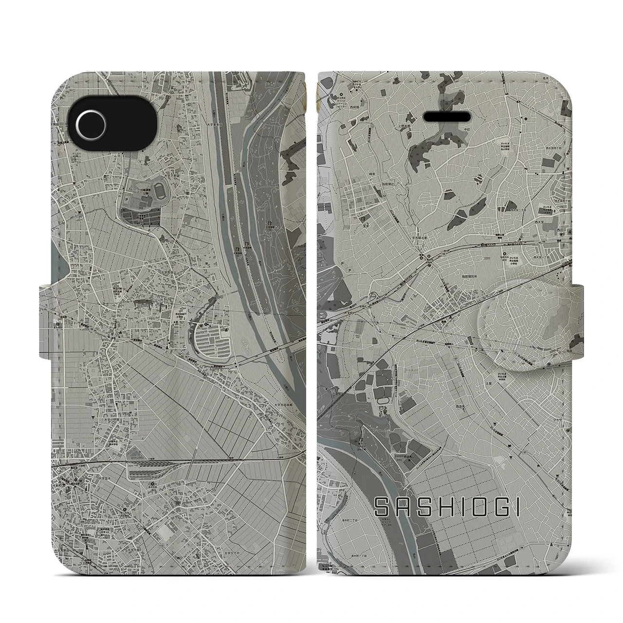 【指扇(埼玉県)】地図柄iPhoneケース(手帳タイプ)モノトーン・iPhone SE(第3 / 第2世代) / 8 / 7 / 6s / 6 用