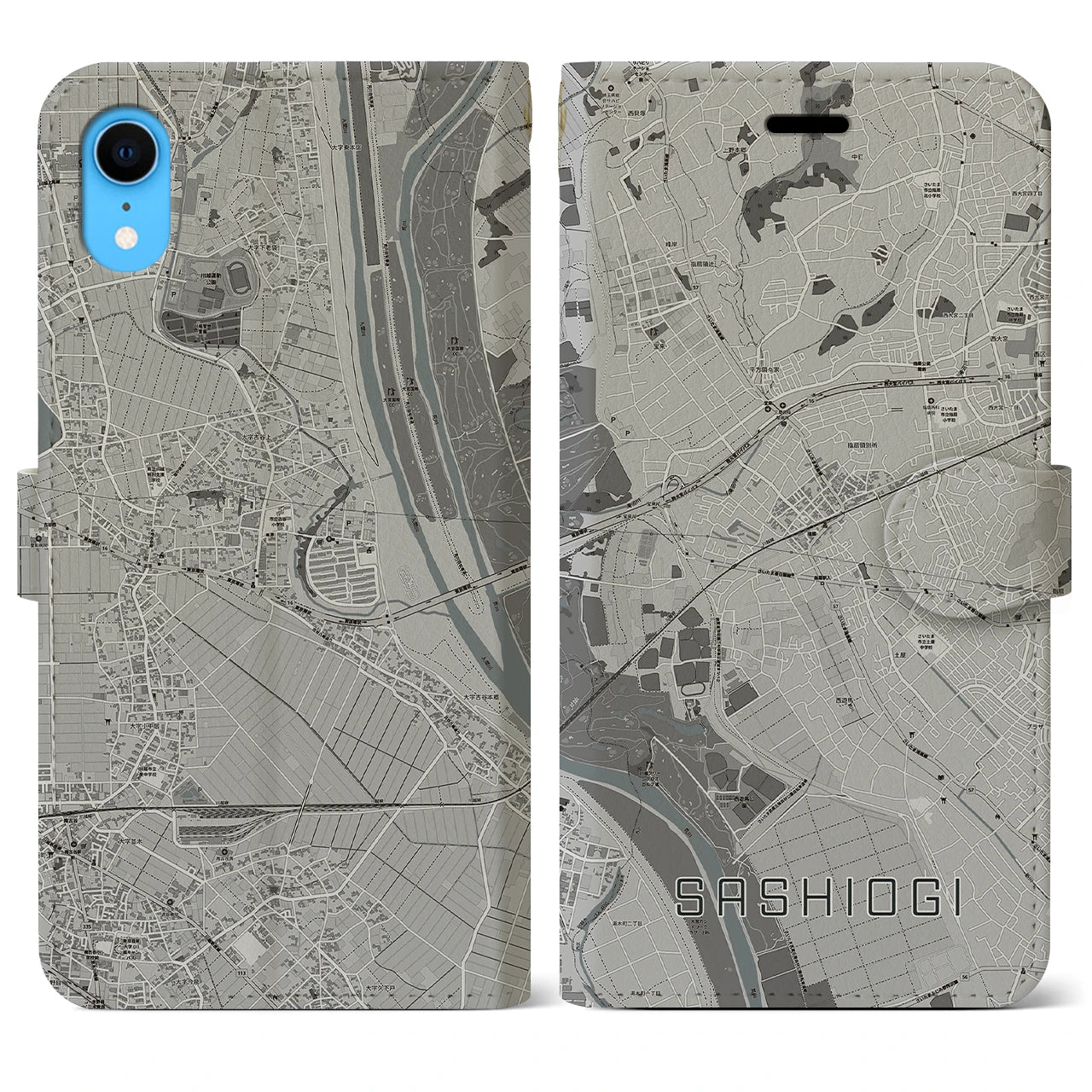 【指扇(埼玉県)】地図柄iPhoneケース(手帳タイプ)モノトーン・iPhone XR 用