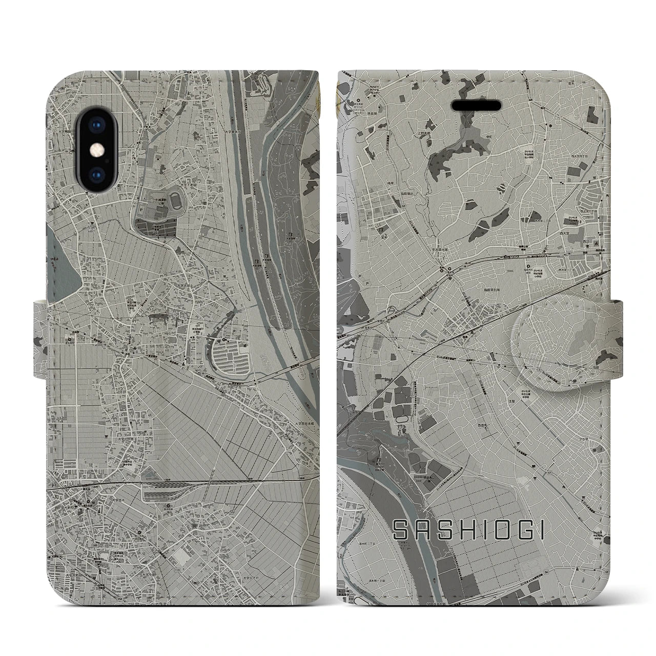 【指扇(埼玉県)】地図柄iPhoneケース(手帳タイプ)モノトーン・iPhone XS / X 用