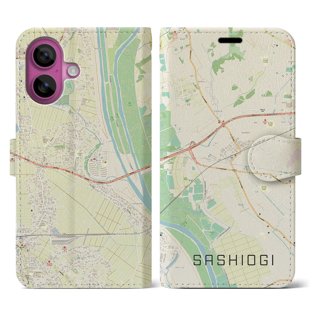 【指扇(埼玉県)】地図柄iPhoneケース(手帳タイプ)ナチュラル・iPhone 16 Pro 用