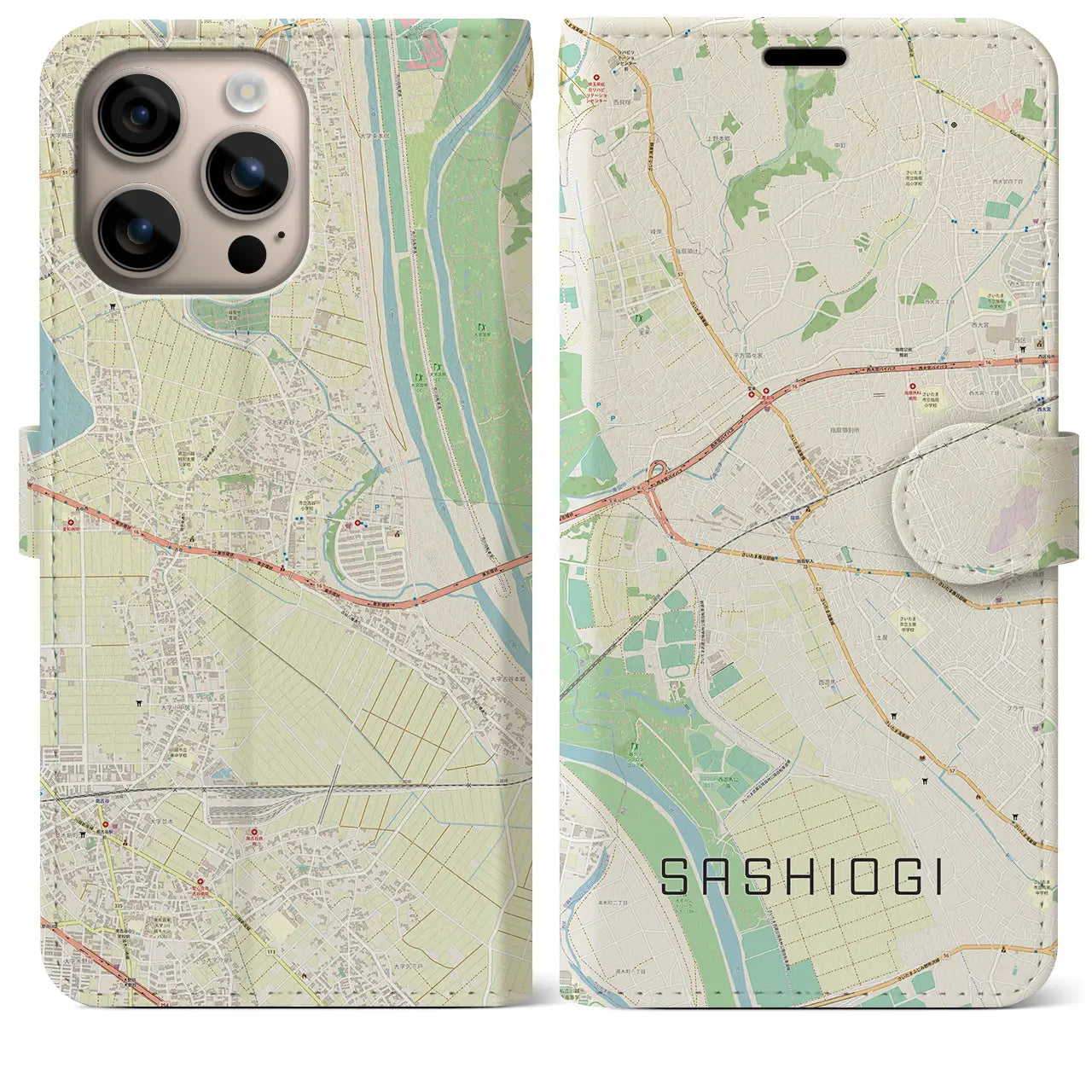 【指扇(埼玉県)】地図柄iPhoneケース(手帳タイプ)ナチュラル・iPhone 16 Plus 用