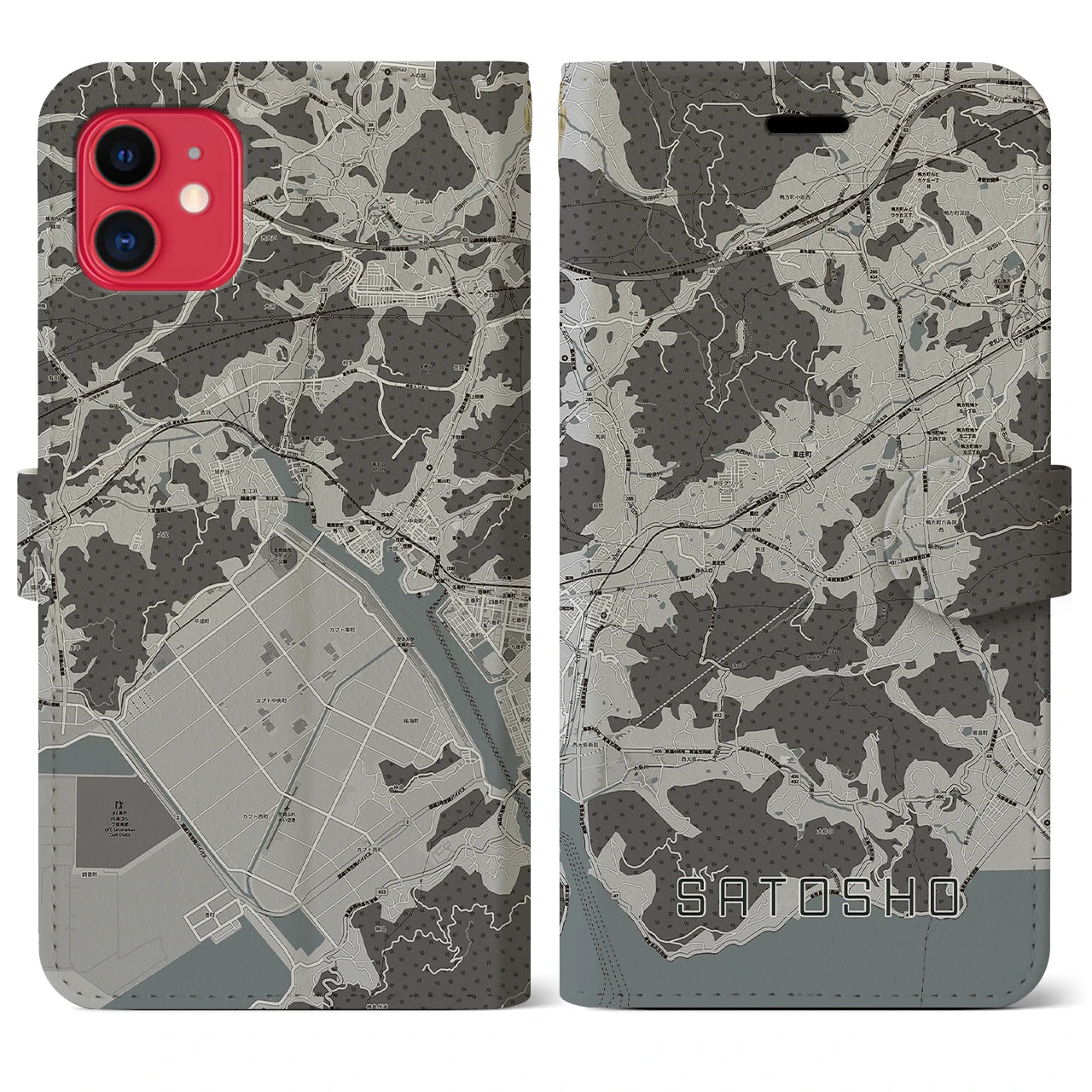 【里庄(岡山県)】地図柄iPhoneケース(手帳タイプ)モノトーン・iPhone 11 用