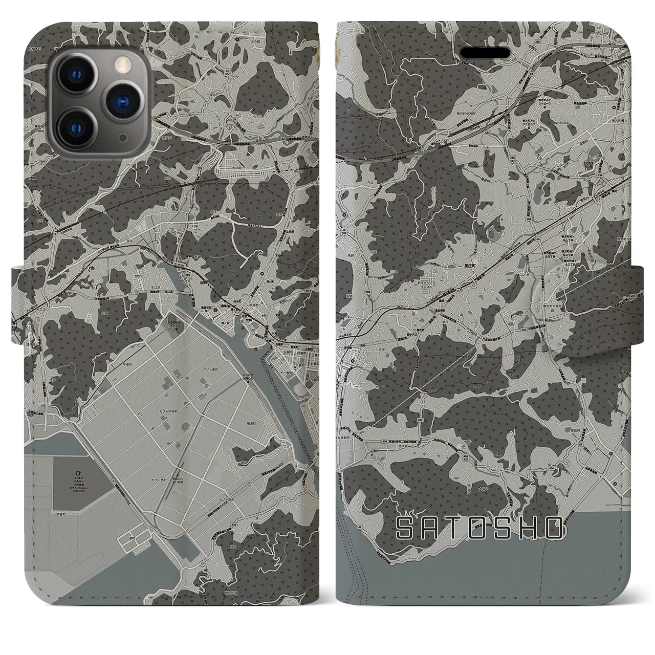 【里庄(岡山県)】地図柄iPhoneケース(手帳タイプ)モノトーン・iPhone 11 Pro Max 用