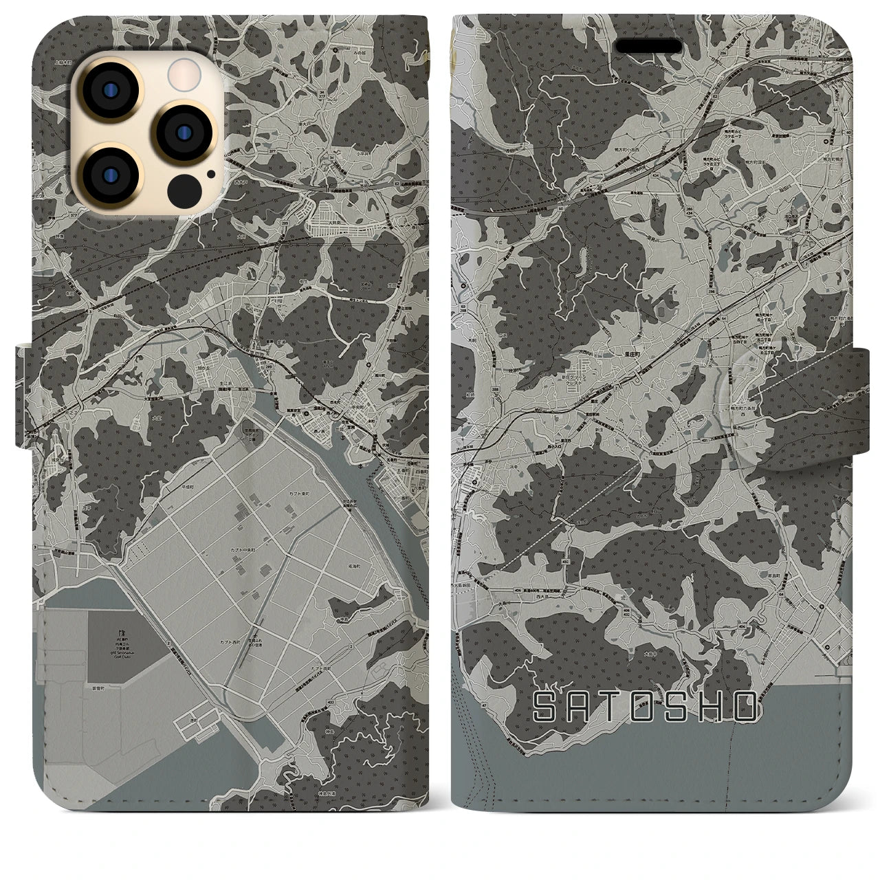 【里庄(岡山県)】地図柄iPhoneケース(手帳タイプ)モノトーン・iPhone 12 Pro Max 用