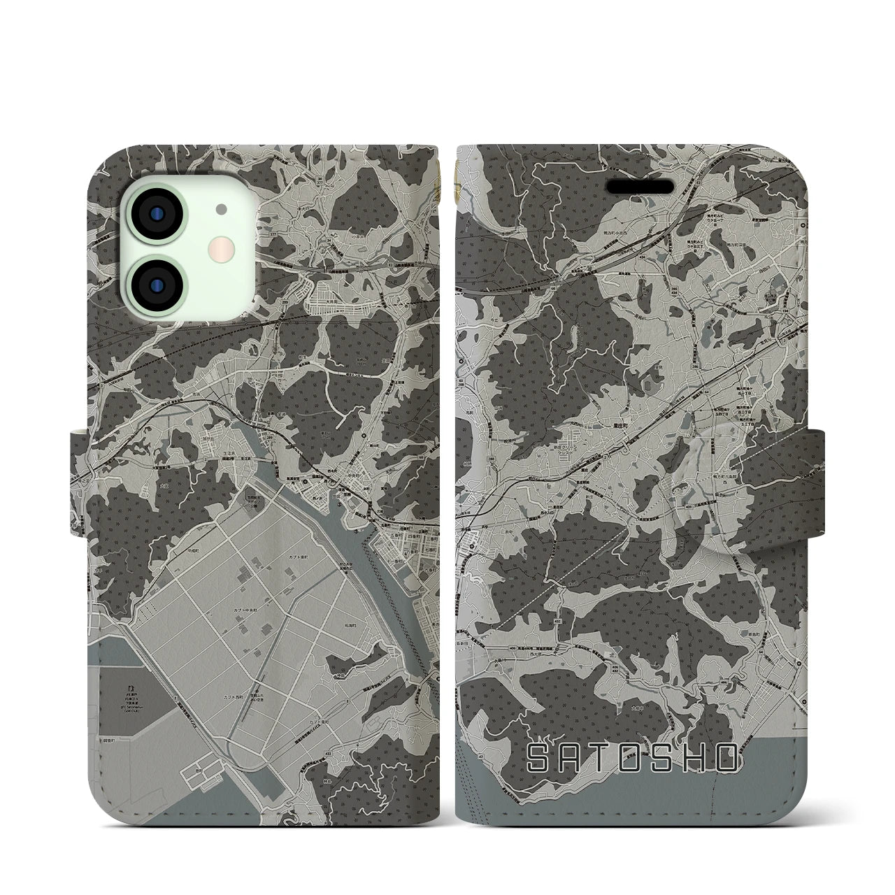 【里庄(岡山県)】地図柄iPhoneケース(手帳タイプ)モノトーン・iPhone 12 mini 用