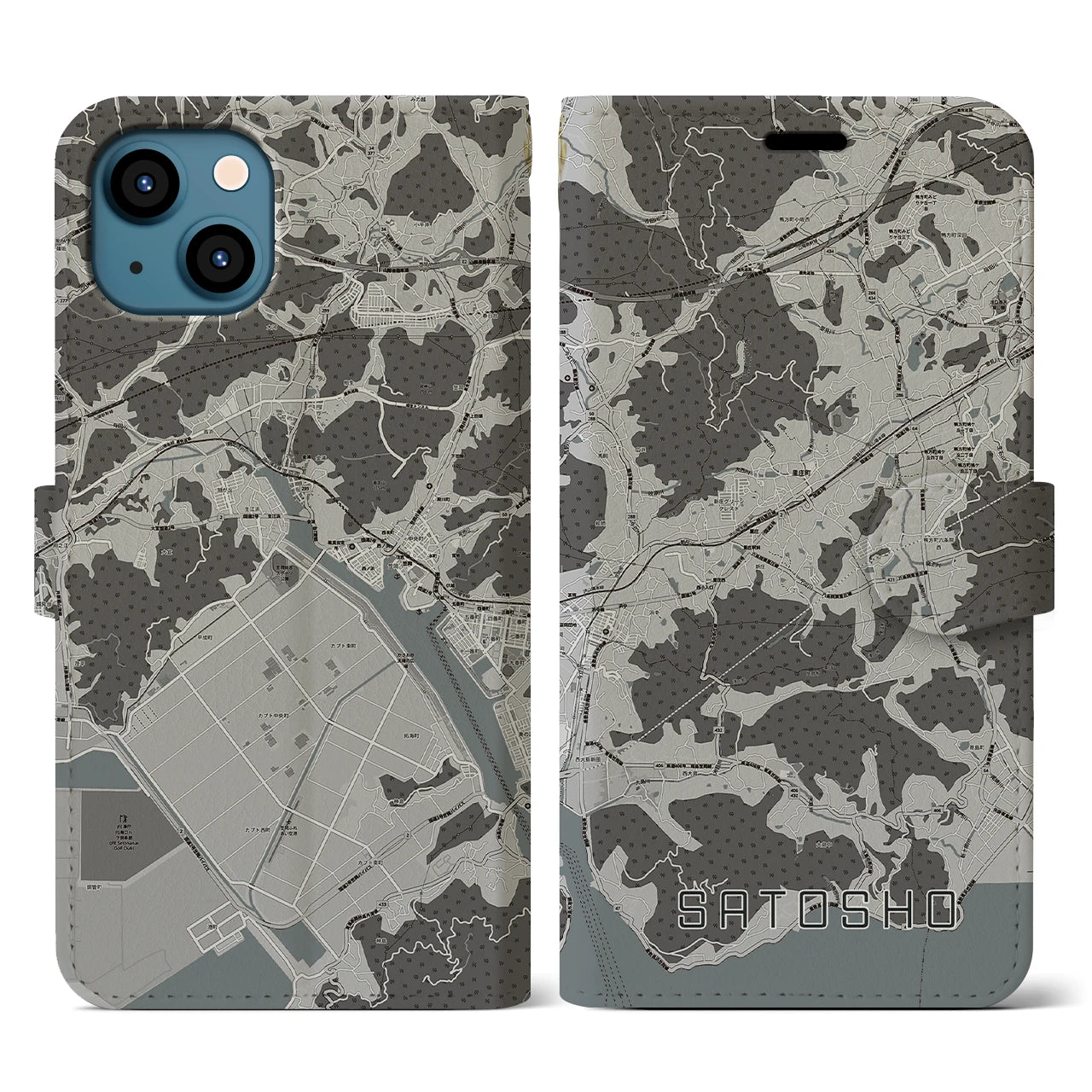 【里庄(岡山県)】地図柄iPhoneケース(手帳タイプ)モノトーン・iPhone 13 用
