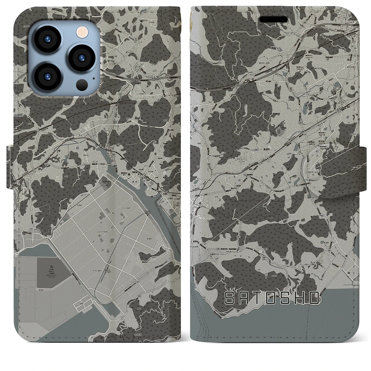 【里庄(岡山県)】地図柄iPhoneケース(手帳タイプ)モノトーン・iPhone 13 Pro Max 用