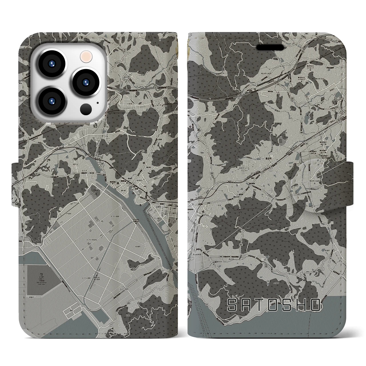 【里庄(岡山県)】地図柄iPhoneケース(手帳タイプ)モノトーン・iPhone 13 Pro 用