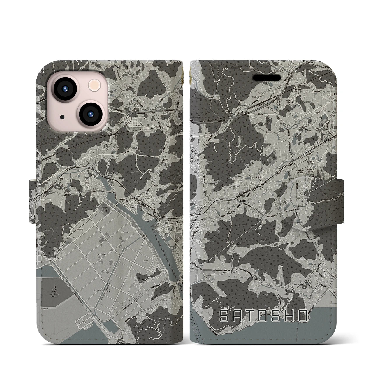 【里庄(岡山県)】地図柄iPhoneケース(手帳タイプ)モノトーン・iPhone 13 mini 用