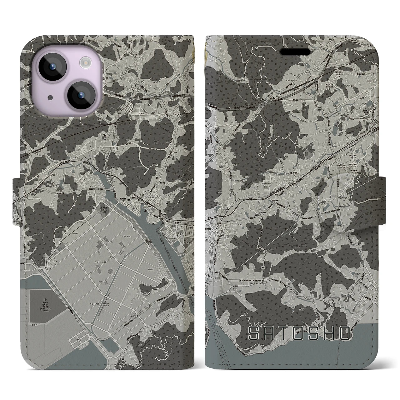 【里庄(岡山県)】地図柄iPhoneケース(手帳タイプ)モノトーン・iPhone 14 用