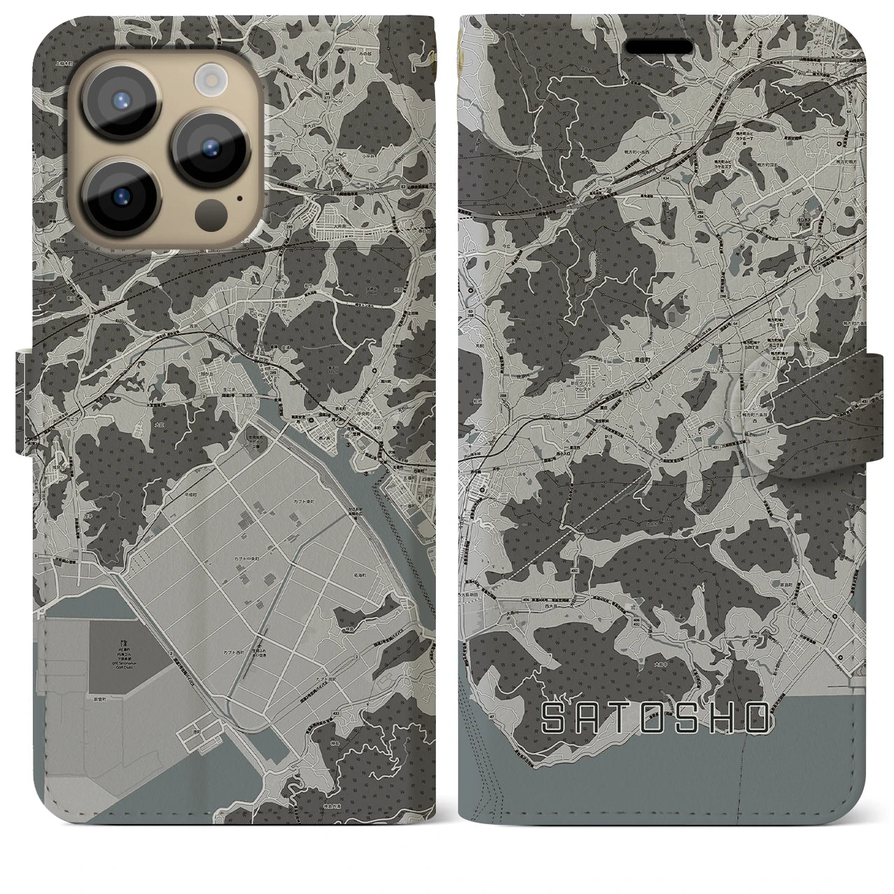 【里庄(岡山県)】地図柄iPhoneケース(手帳タイプ)モノトーン・iPhone 14 Pro Max 用
