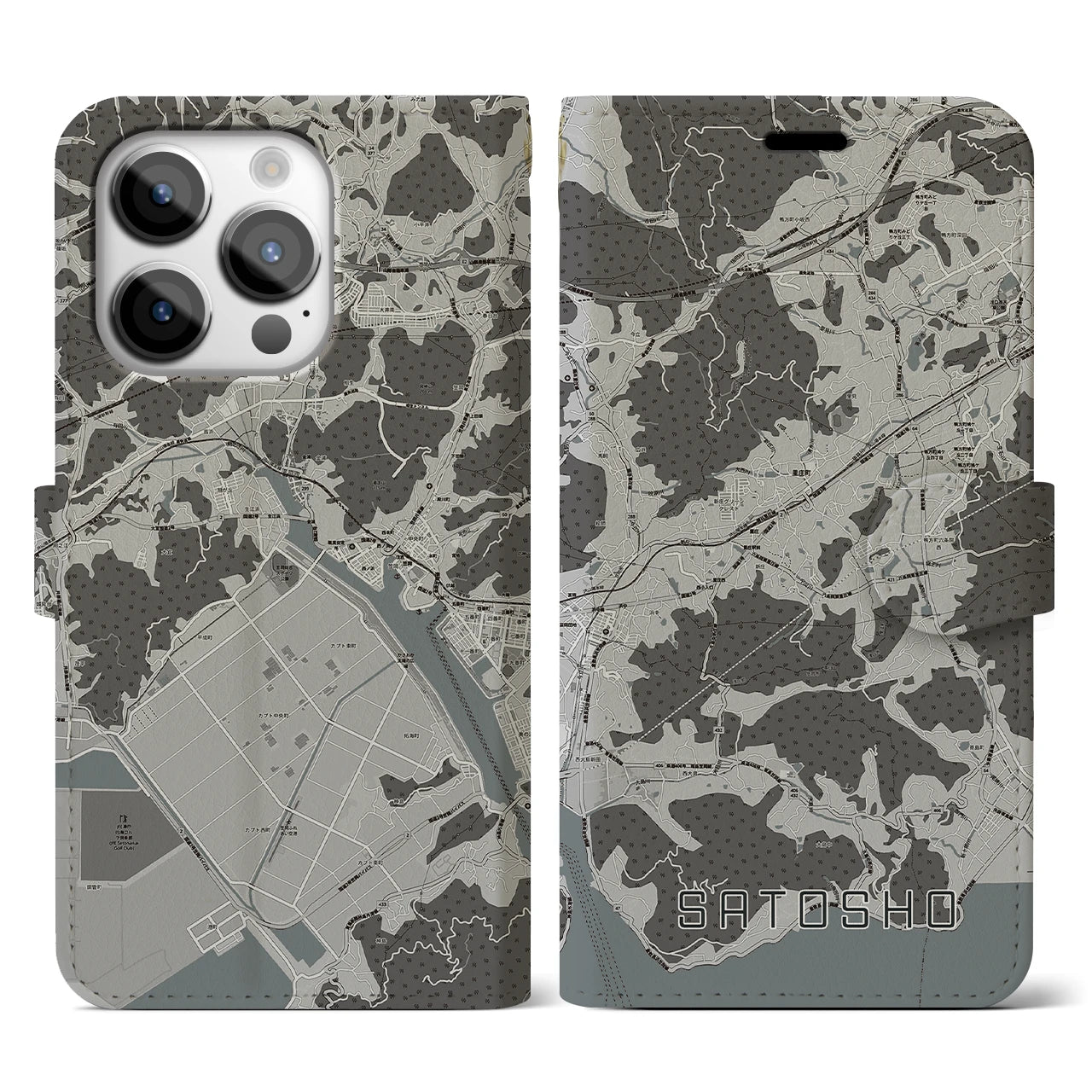【里庄(岡山県)】地図柄iPhoneケース(手帳タイプ)モノトーン・iPhone 14 Pro 用