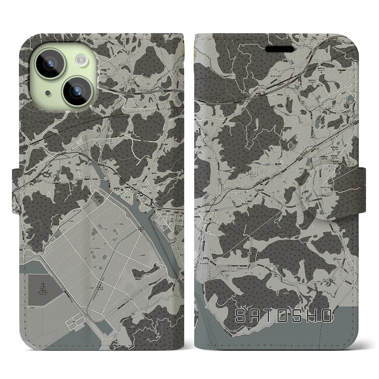 【里庄(岡山県)】地図柄iPhoneケース(手帳タイプ)モノトーン・iPhone 15 用