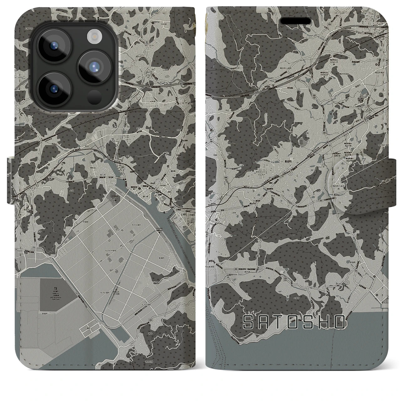 【里庄(岡山県)】地図柄iPhoneケース(手帳タイプ)モノトーン・iPhone 15 Pro Max 用
