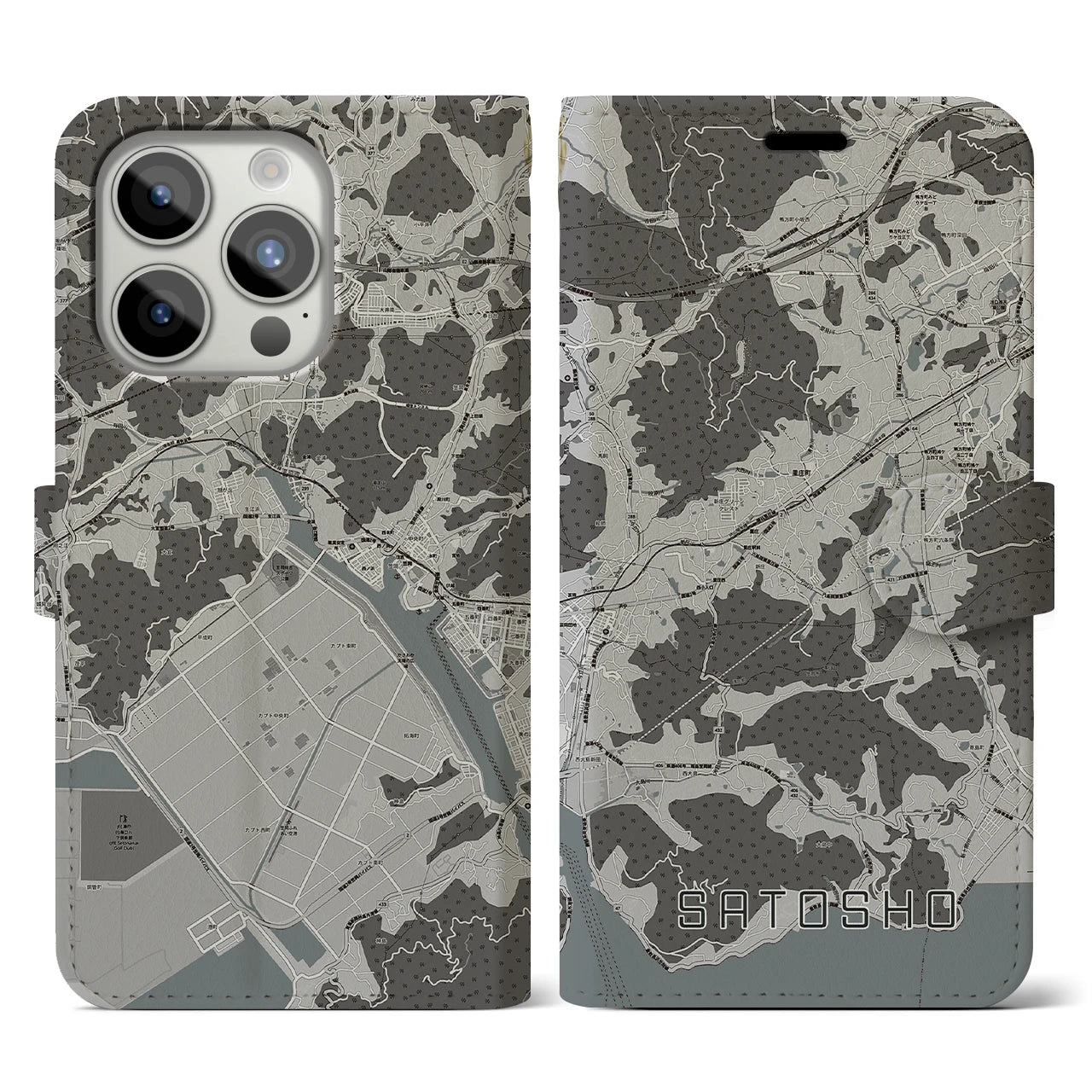 【里庄(岡山県)】地図柄iPhoneケース(手帳タイプ)モノトーン・iPhone 15 Pro 用